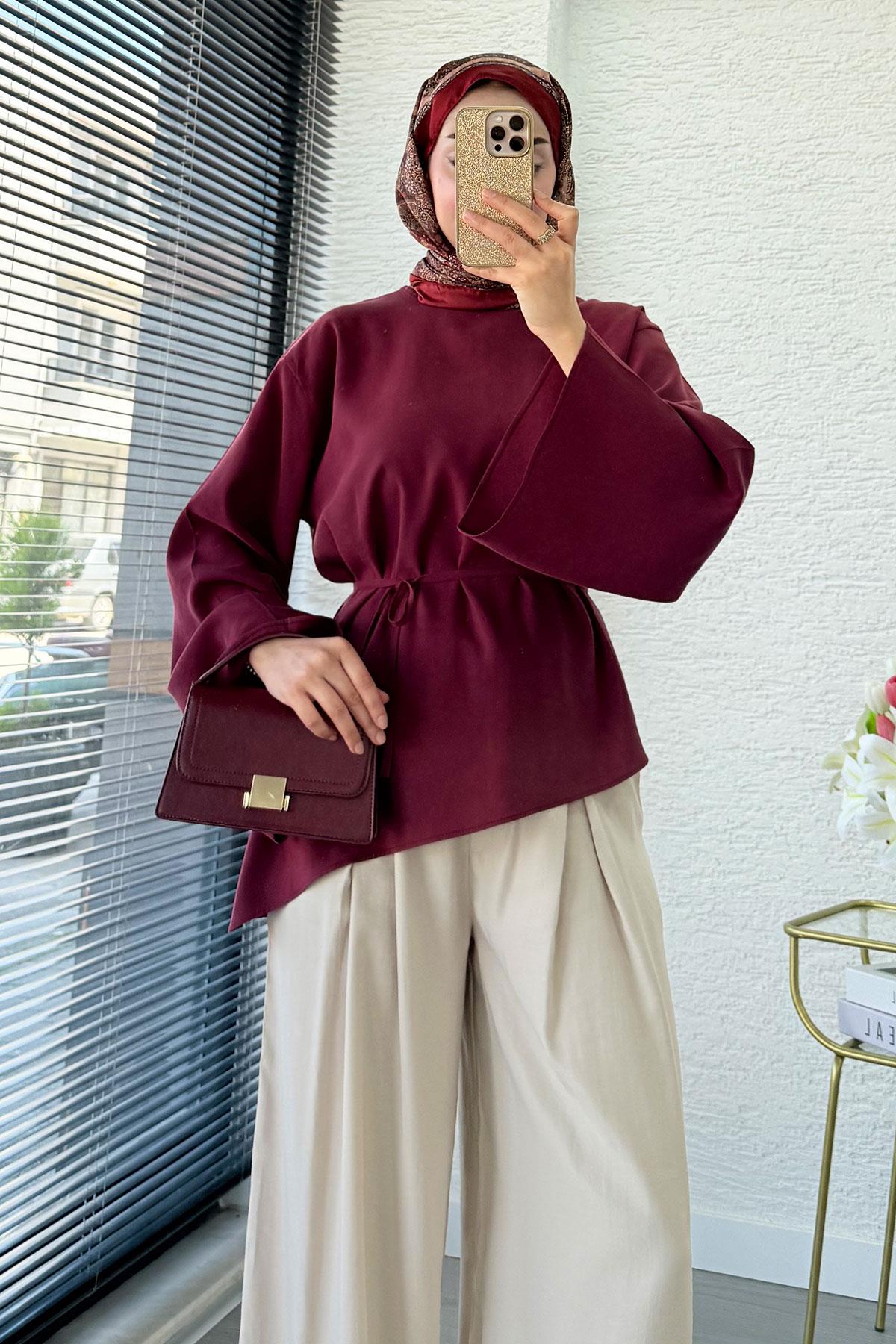 Asimetrik Kesim Volan Kol Modal Bluz – Bordo