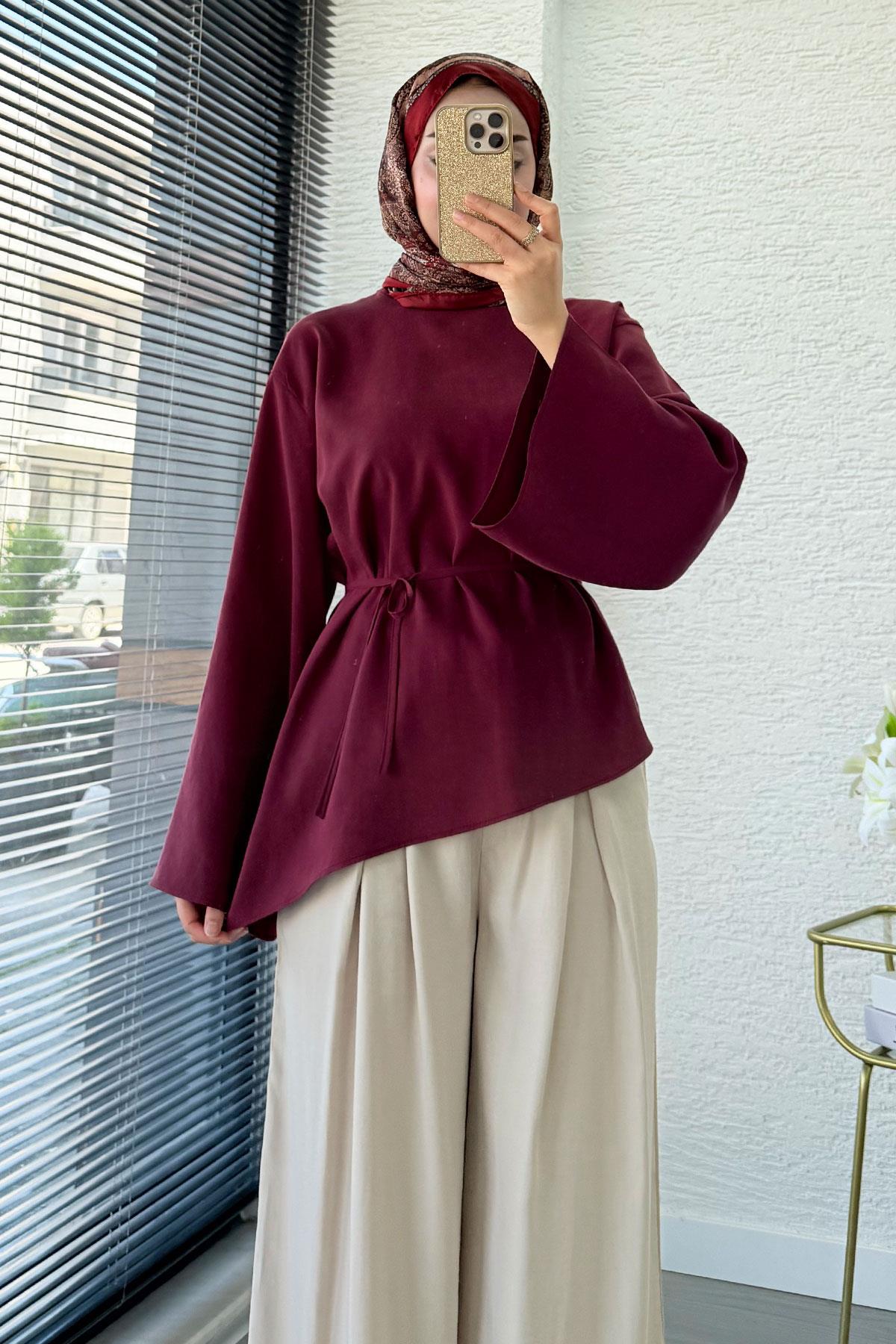 Asimetrik Kesim Volan Kol Modal Bluz – Bordo