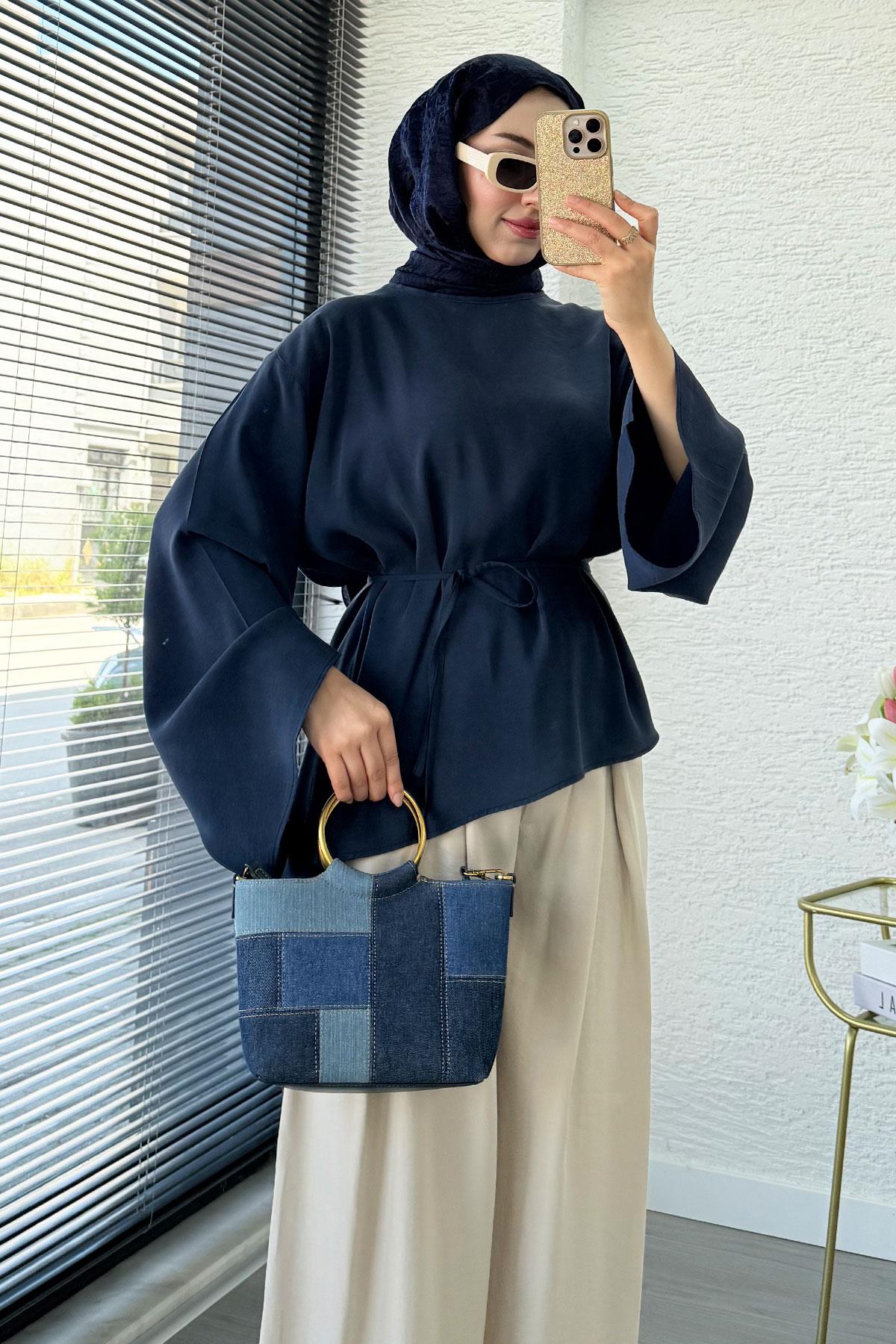 Asimetrik Kesim Volan Kol Modal Bluz – Lacivert