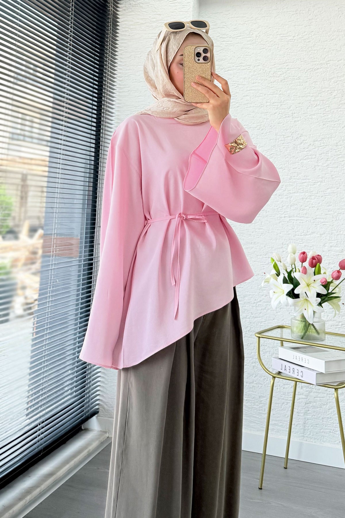 Asimetrik Kesim Volan Kol Modal Bluz – Pembe