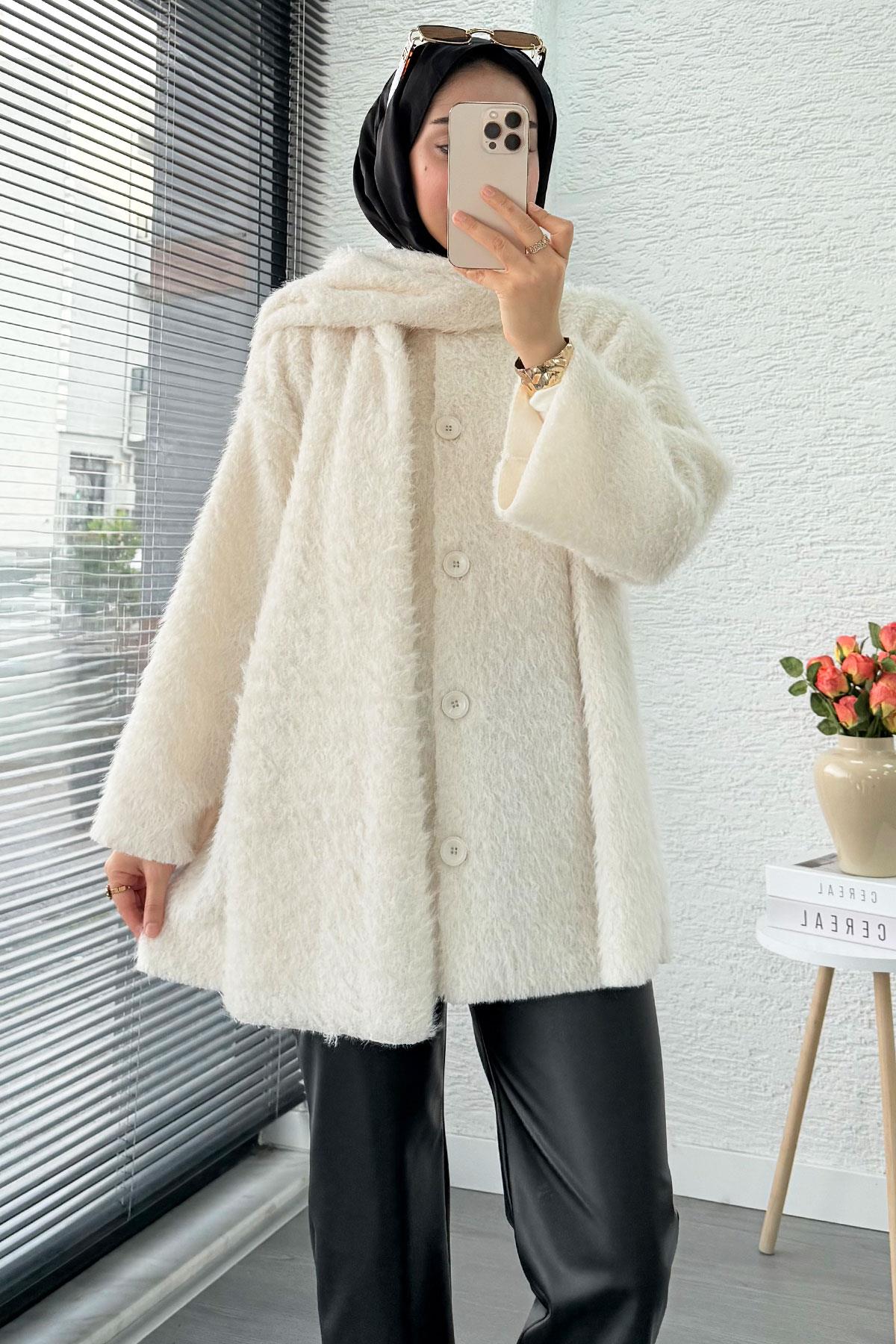 Atkılı Peluş Kadın Kaban – Ekru