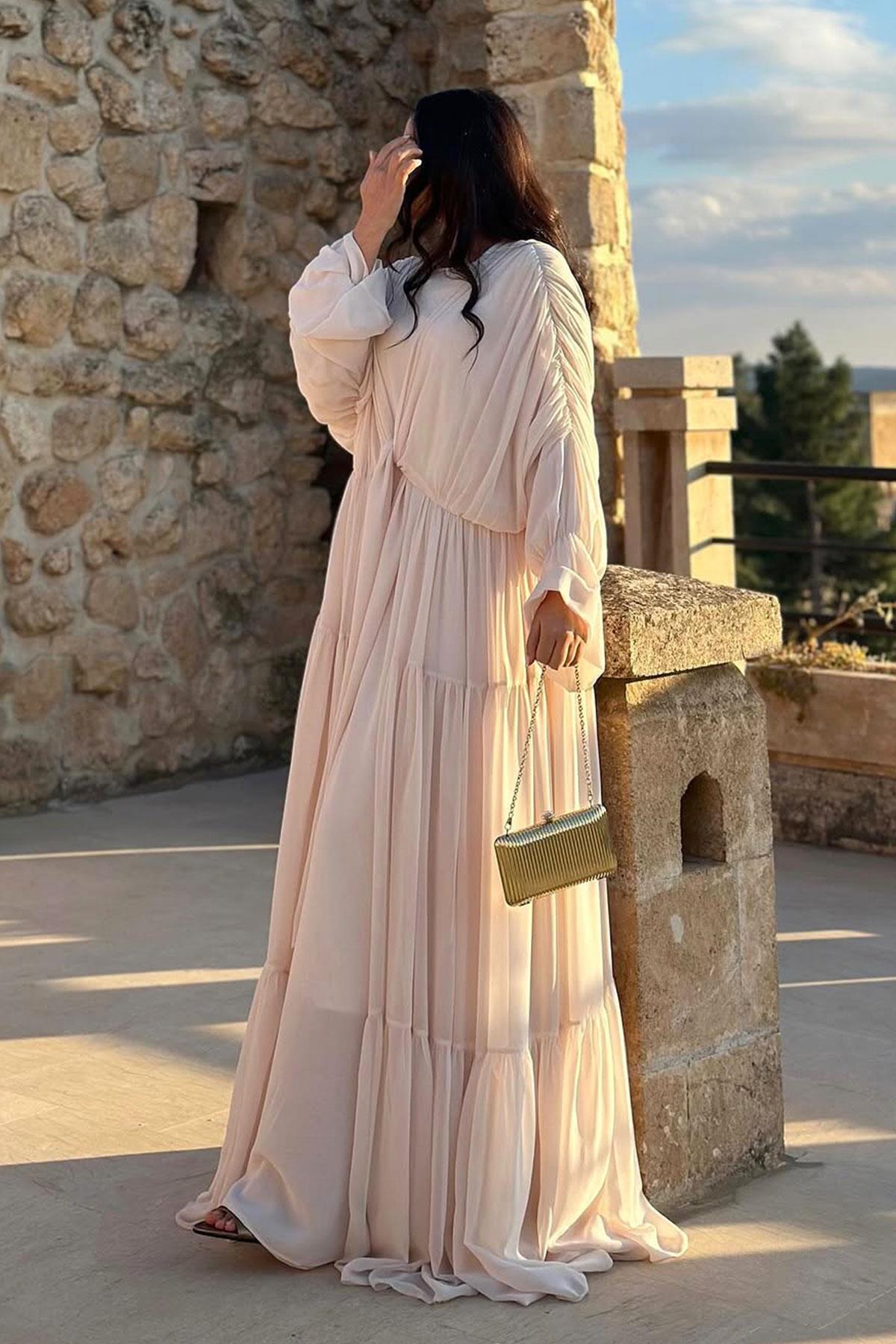 Ayza Şifon Abaya Takım-Bej
