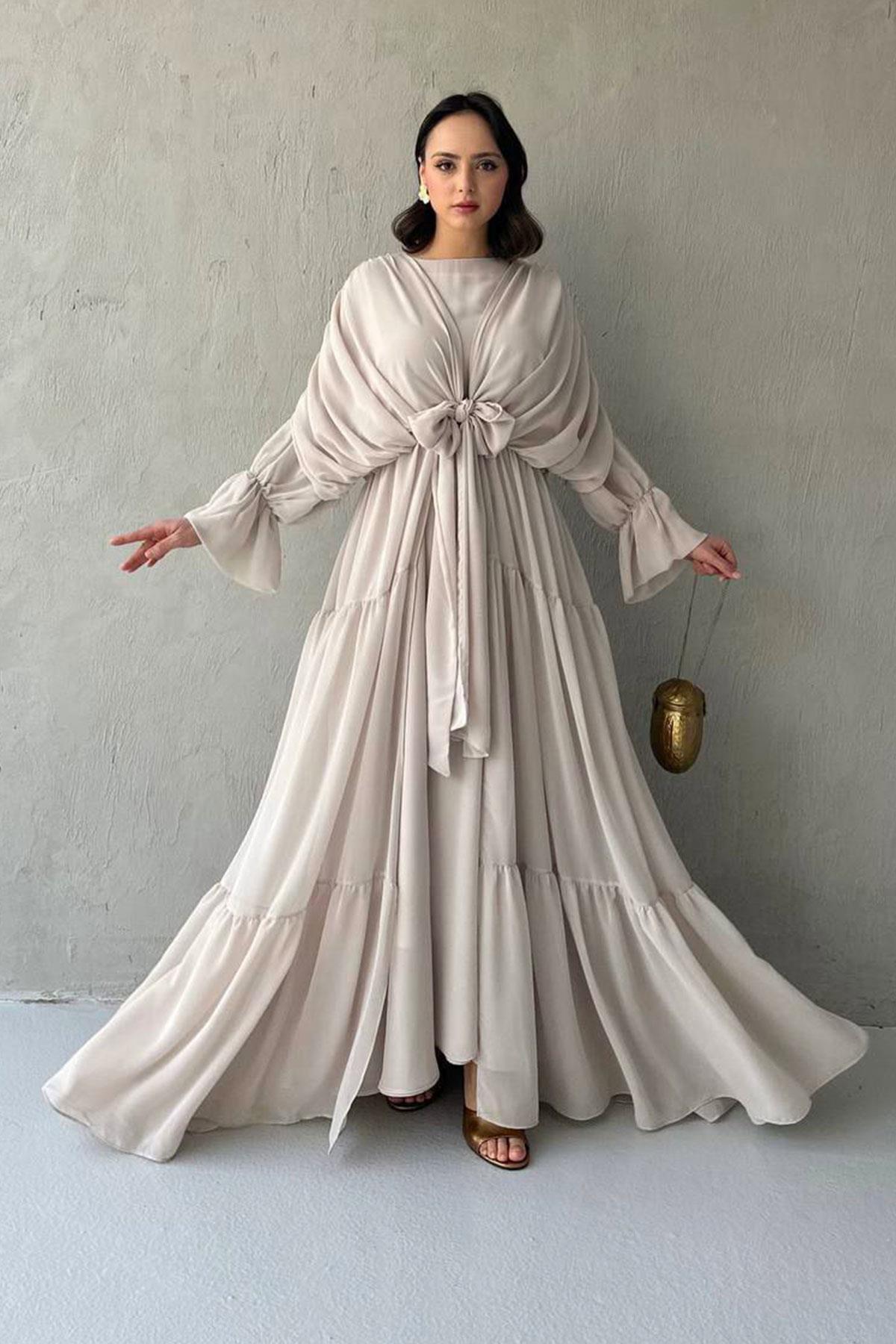 Ayza Şifon Abaya Takım-Bej