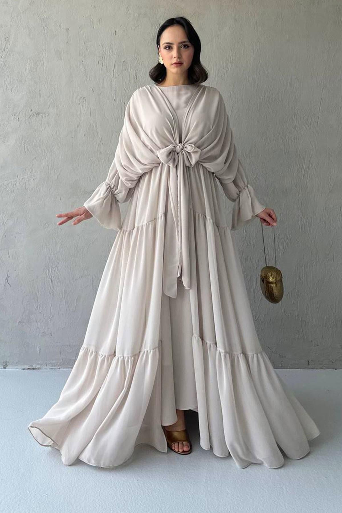 Ayza Şifon Abaya Takım-Bej