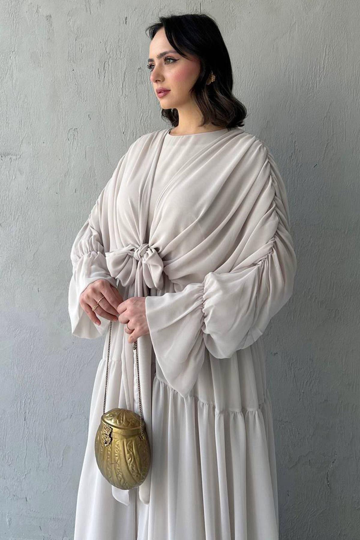 Ayza Şifon Abaya Takım-Bej