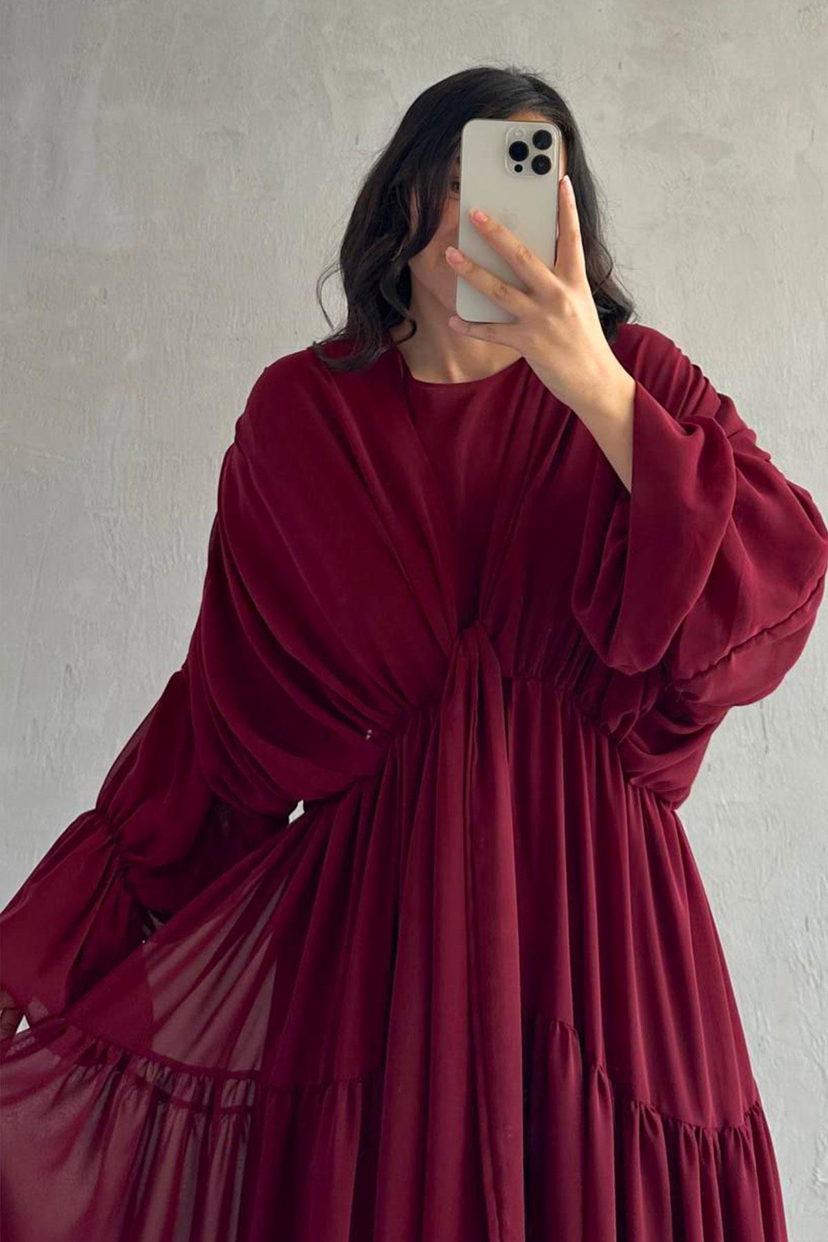 Ayza Şifon Abaya Takım-Bordo