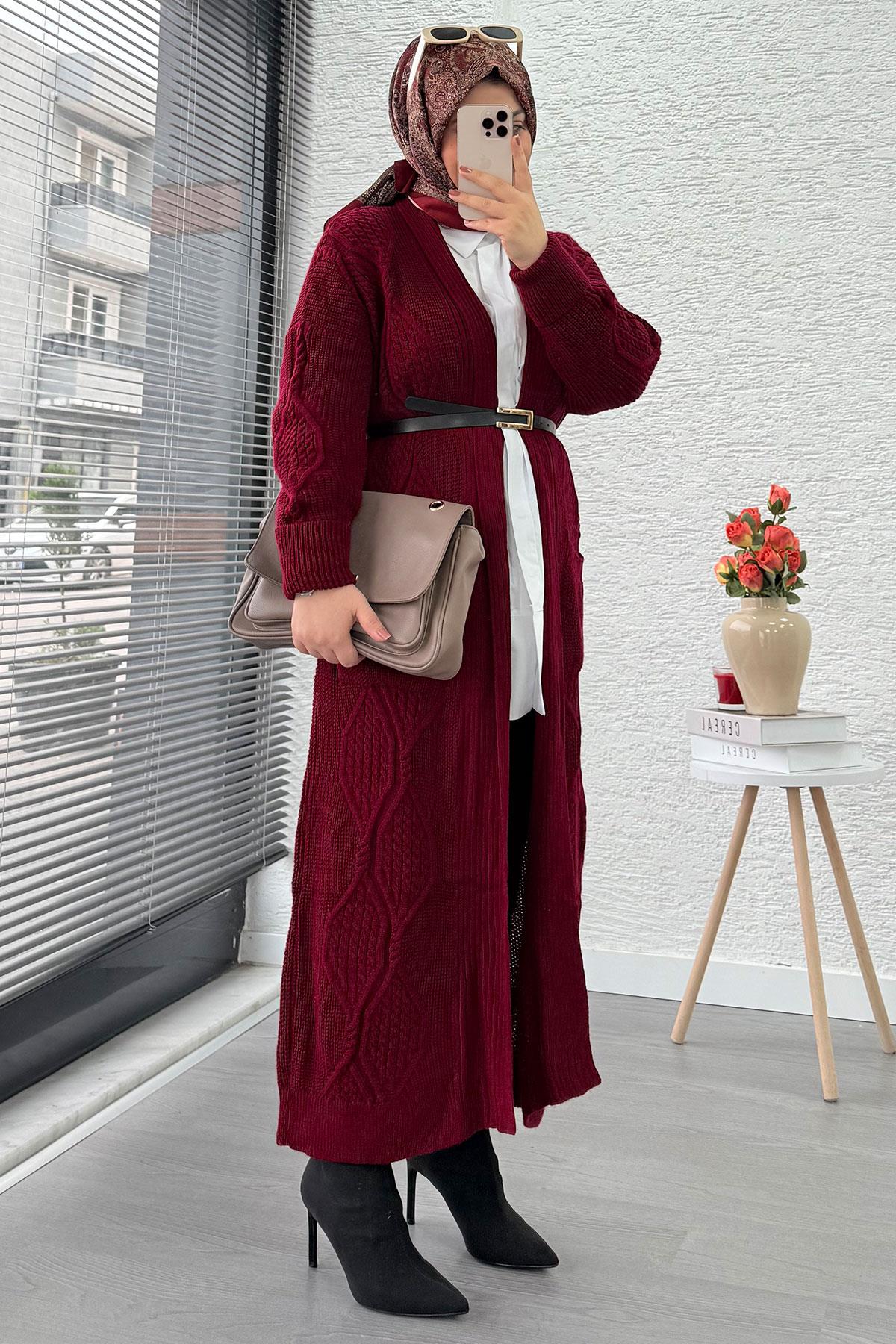 Baklava Desen Uzun Triko Kadın Hırka – Bordo