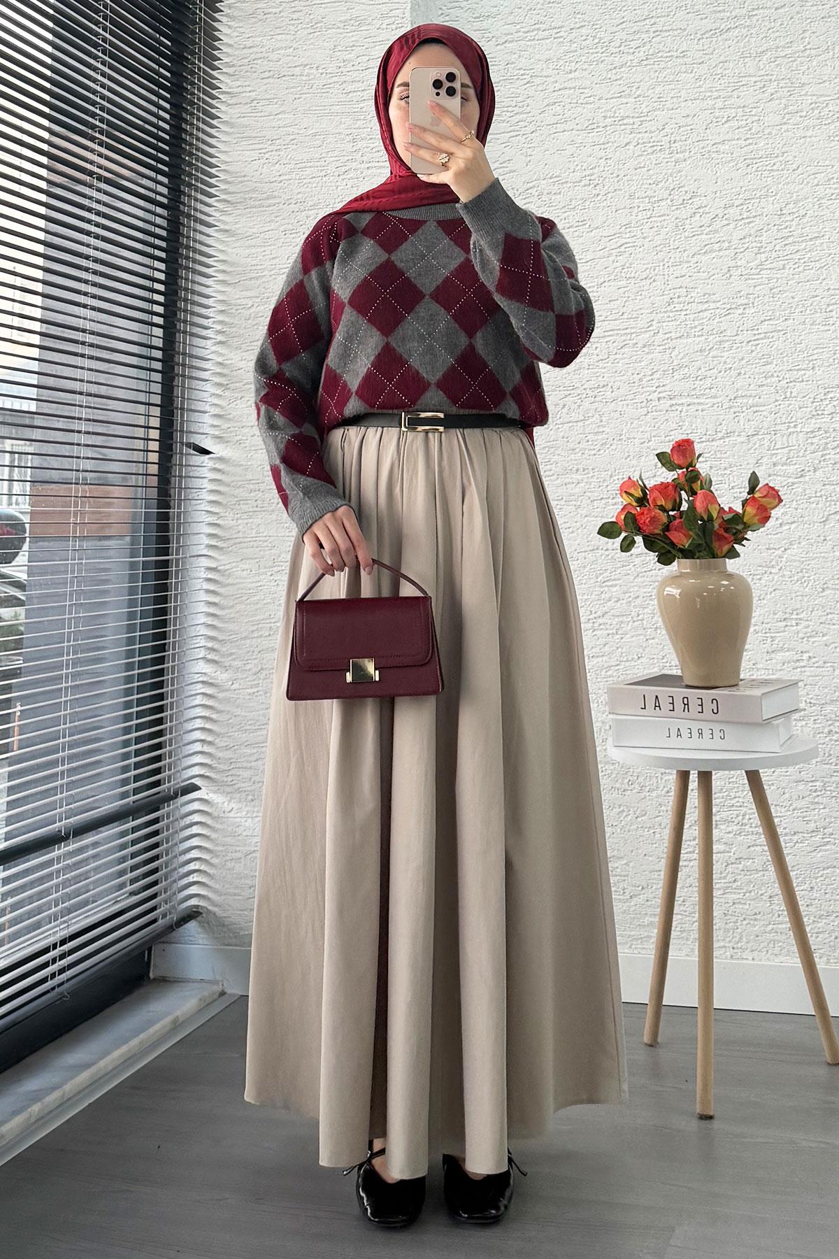 Baklava Desenli Kısa Kadın Kazak -Bordo