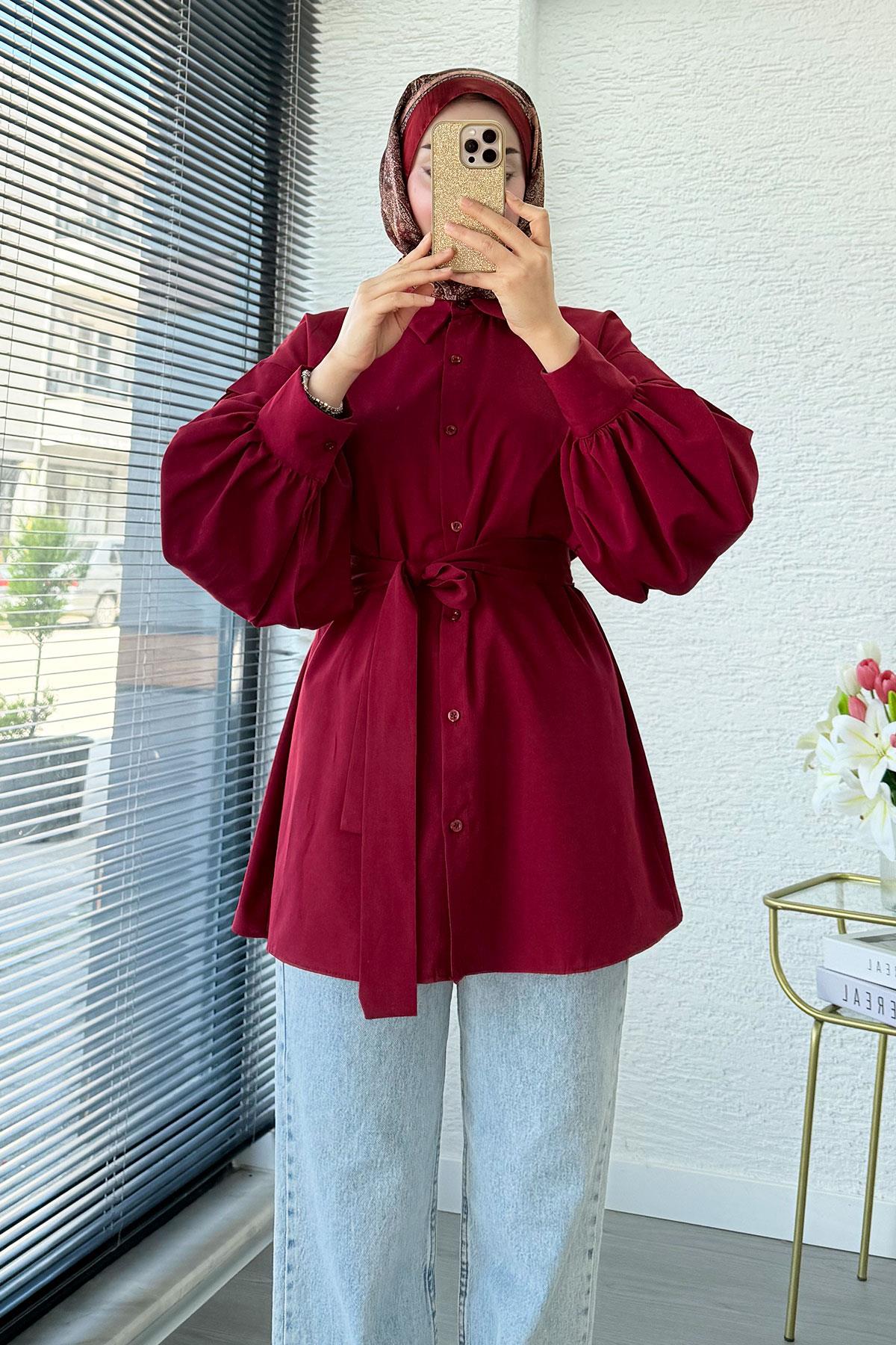 Balon Kol Kemerli Poplin Gömlek Tunik - Bordo