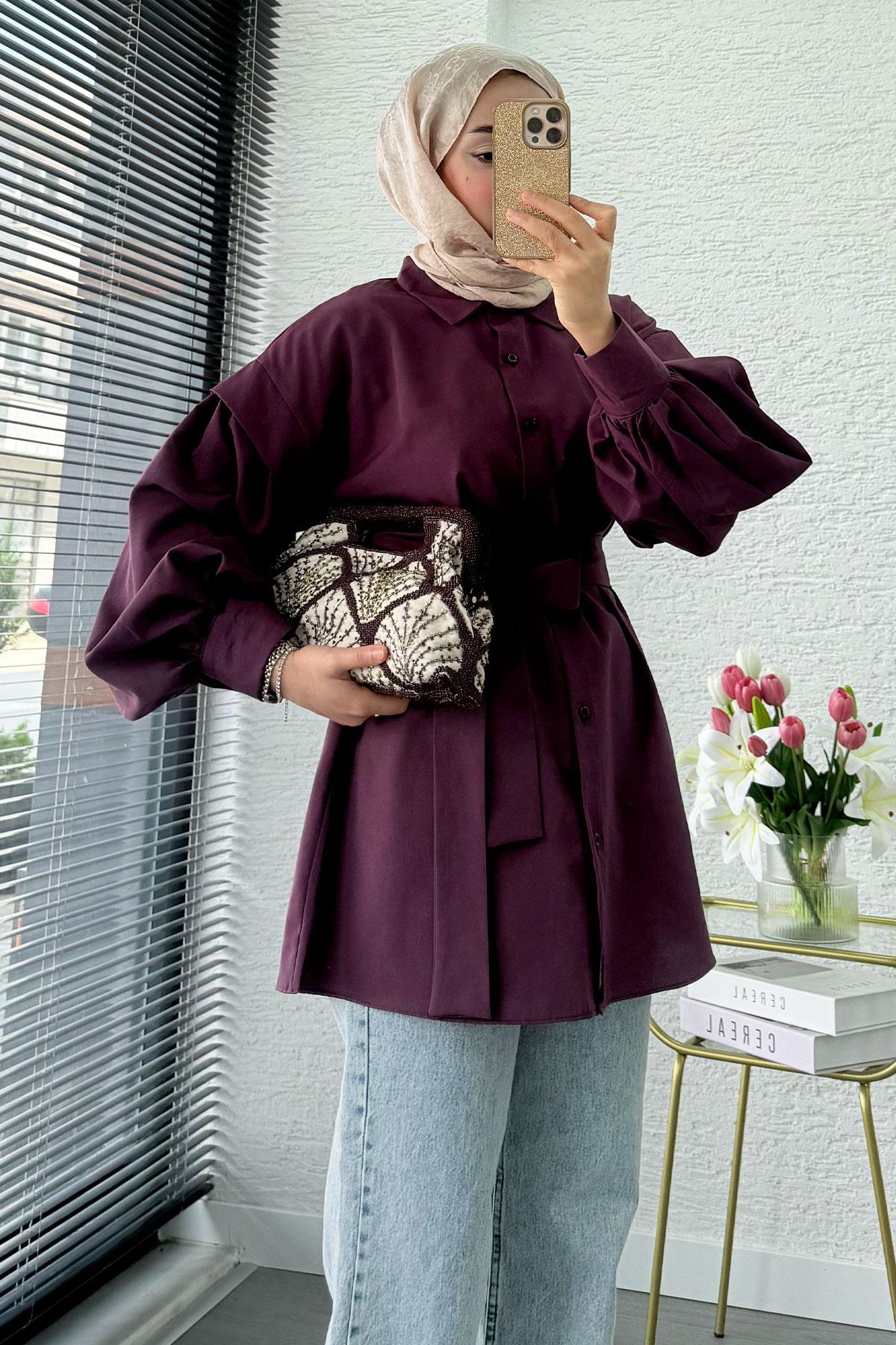 Balon Kol Kemerli Poplin Gömlek Tunik - Mürdüm