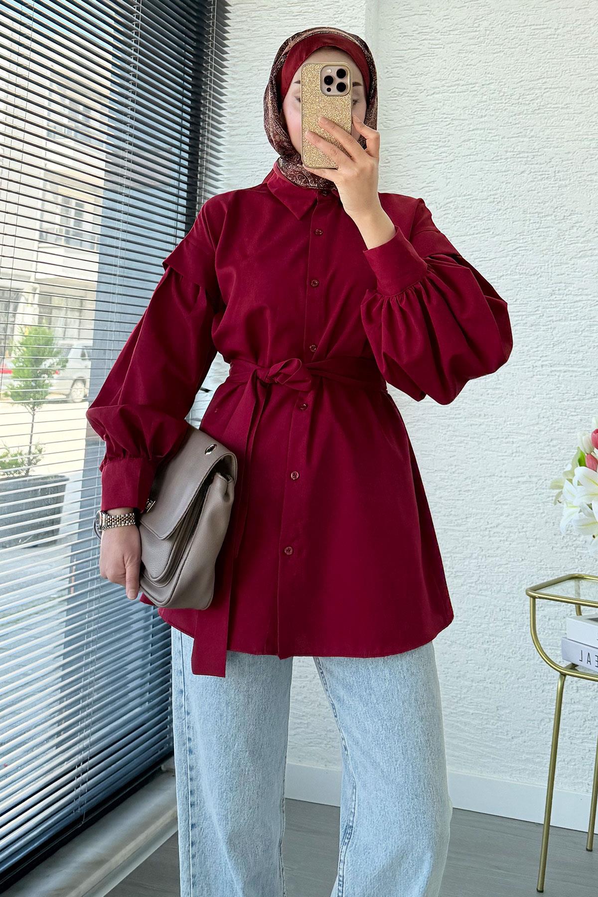 Balon Kol Kemerli Poplin Gömlek Tunik - Bordo