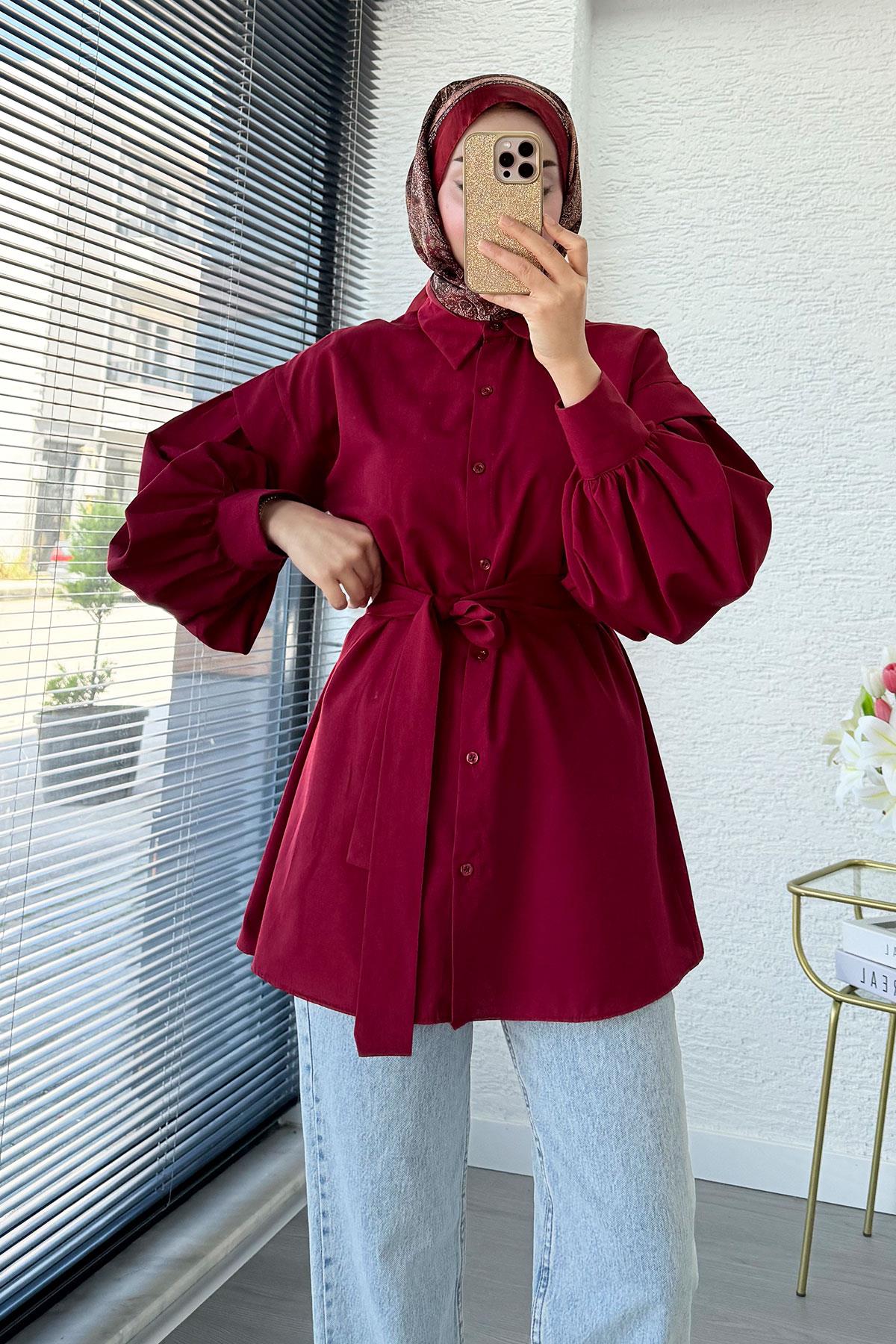 Balon Kol Kemerli Poplin Gömlek Tunik - Bordo