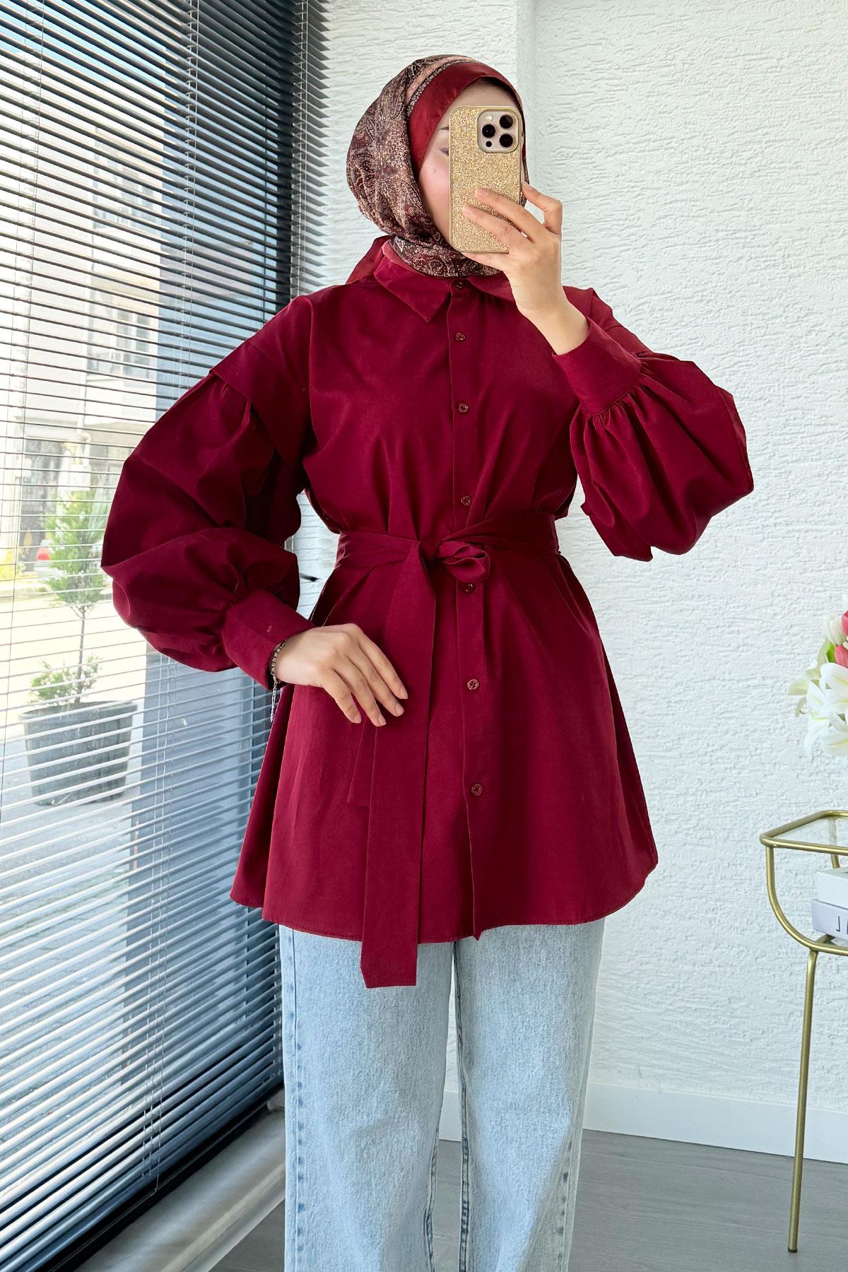 Balon Kol Kemerli Poplin Gömlek Tunik - Bordo