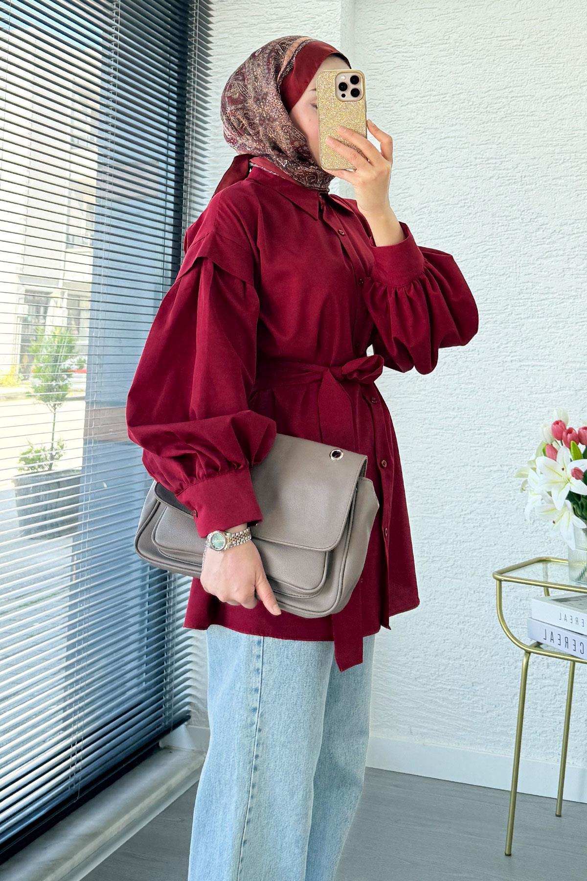 Balon Kol Kemerli Poplin Gömlek Tunik - Bordo