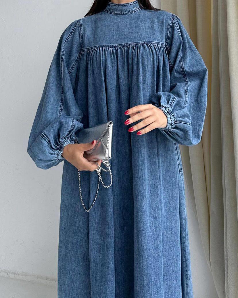 Balon Kol Robalı Denim Kot Elbise 
