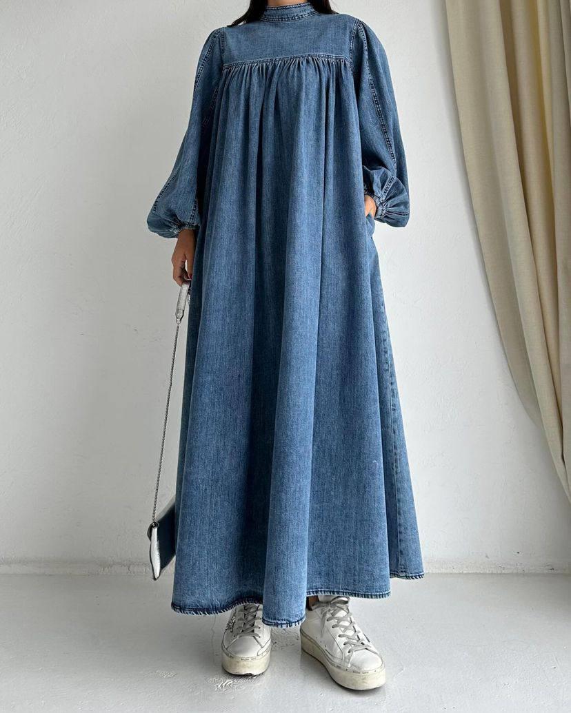 Balon Kol Robalı Denim Kot Elbise 
