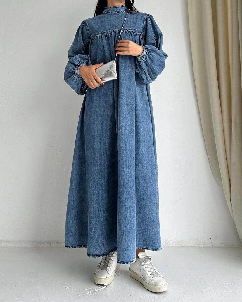 Balon Kol Robalı Denim Kot Elbise 