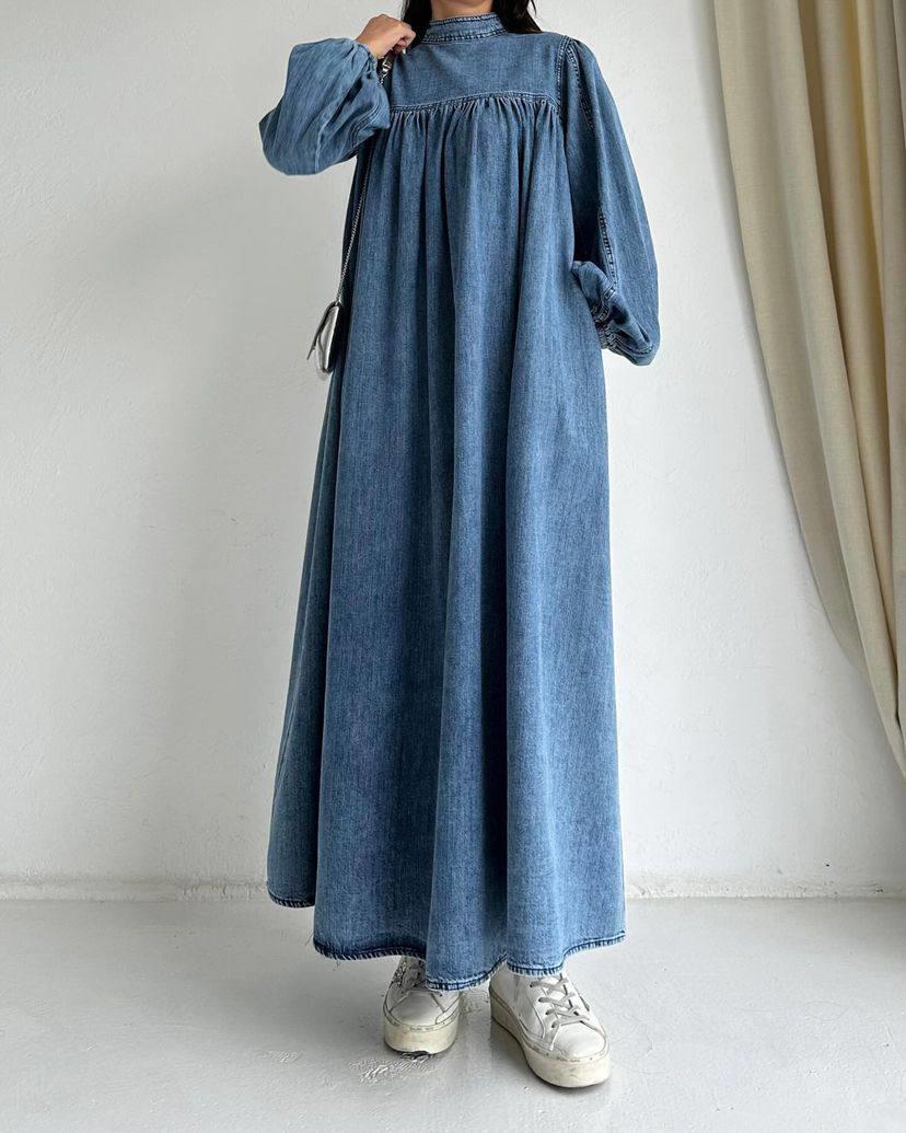 Balon Kol Robalı Denim Kot Elbise 