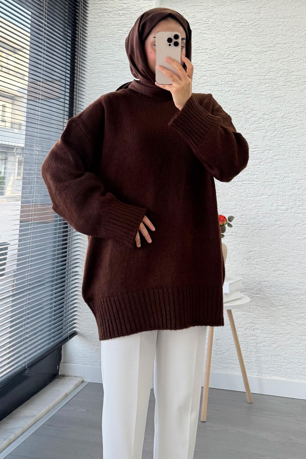Basic Oversize Triko Kazak – Kahverengi
