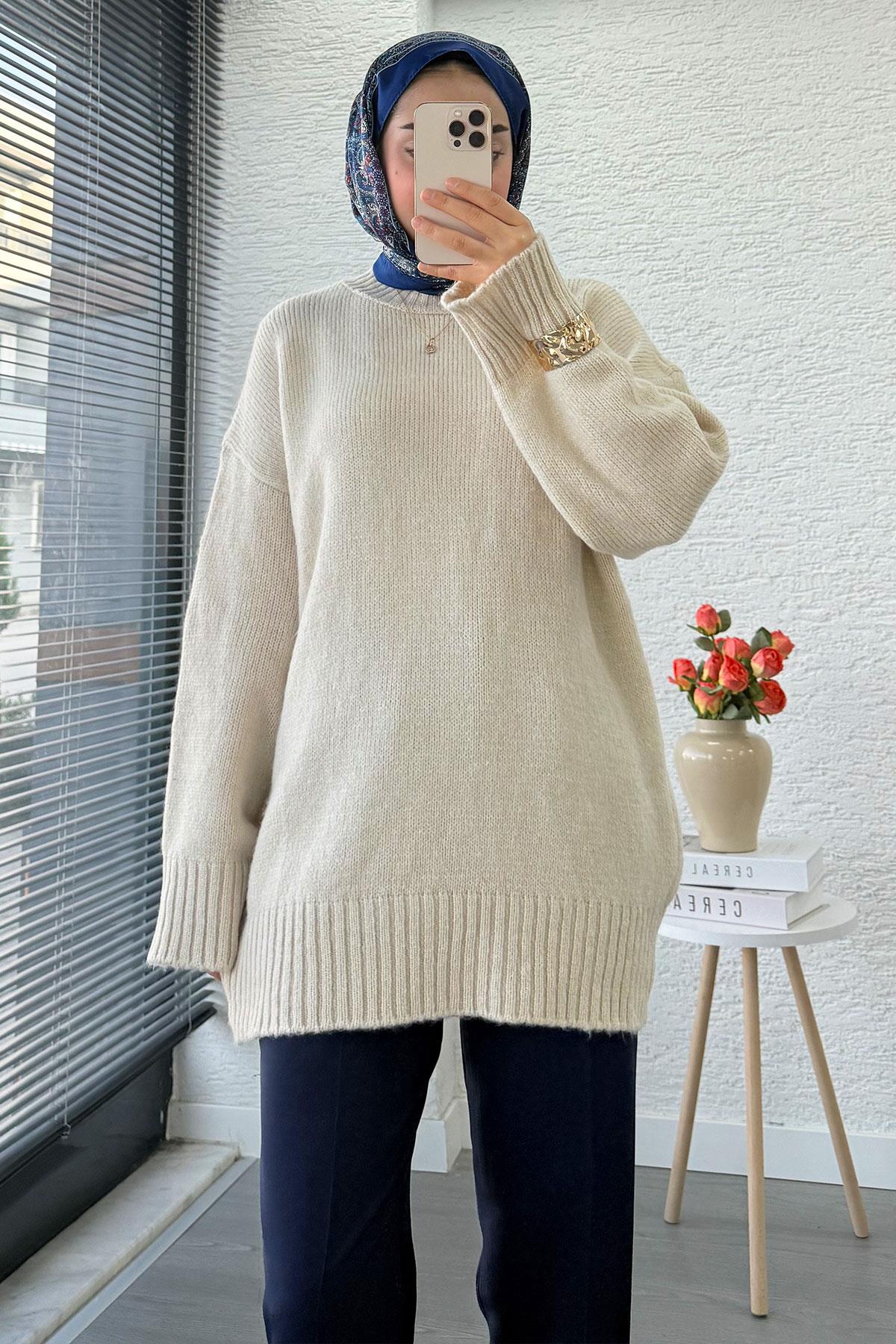 Basic Oversize Triko Kazak – Taş