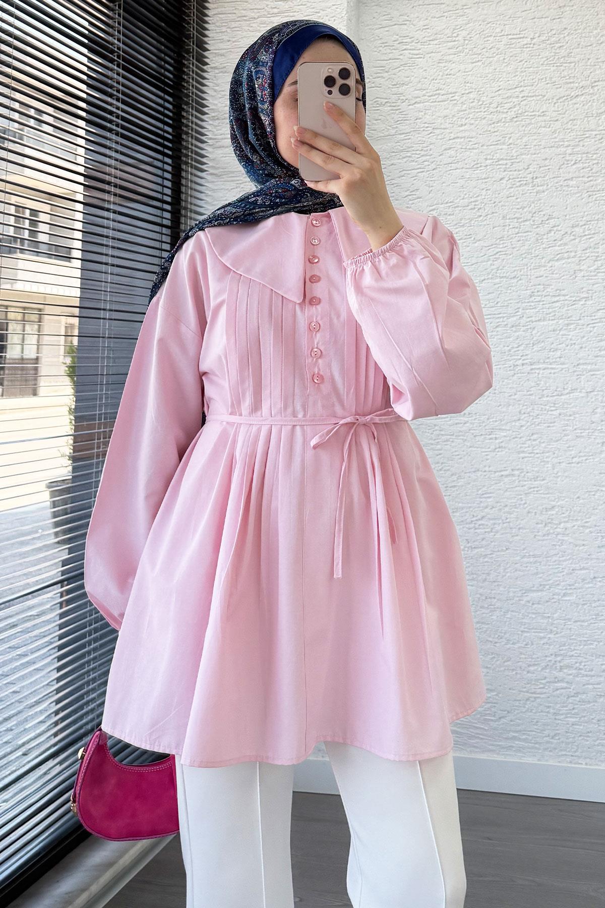 Bebe Yaka Nervür Detaylı Kemerli Poplin Tunik - Pembe