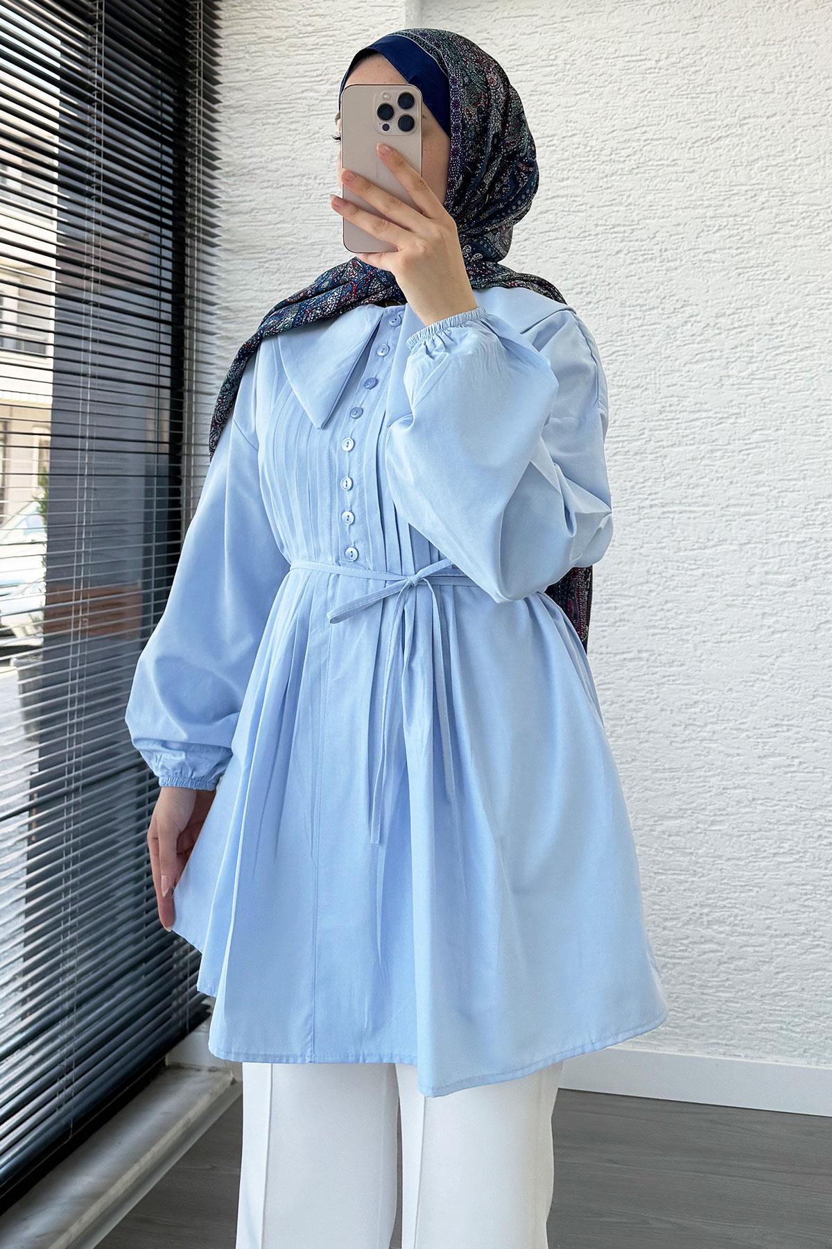 Bebe Yaka Nervür Detaylı Kemerli Poplin Tunik - Mavi