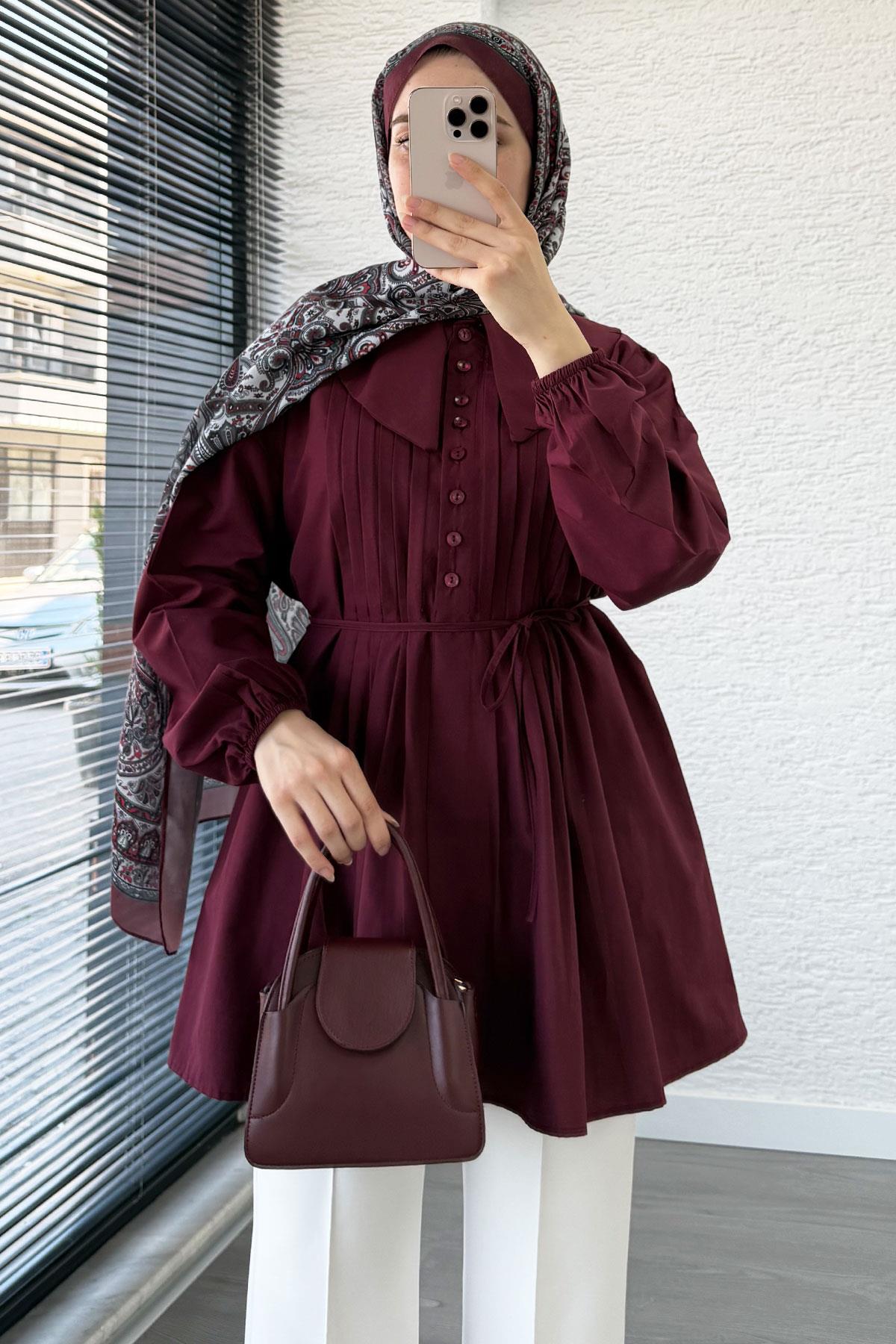 Bebe Yaka Nervür Detaylı Kemerli Poplin Tunik - Bordo