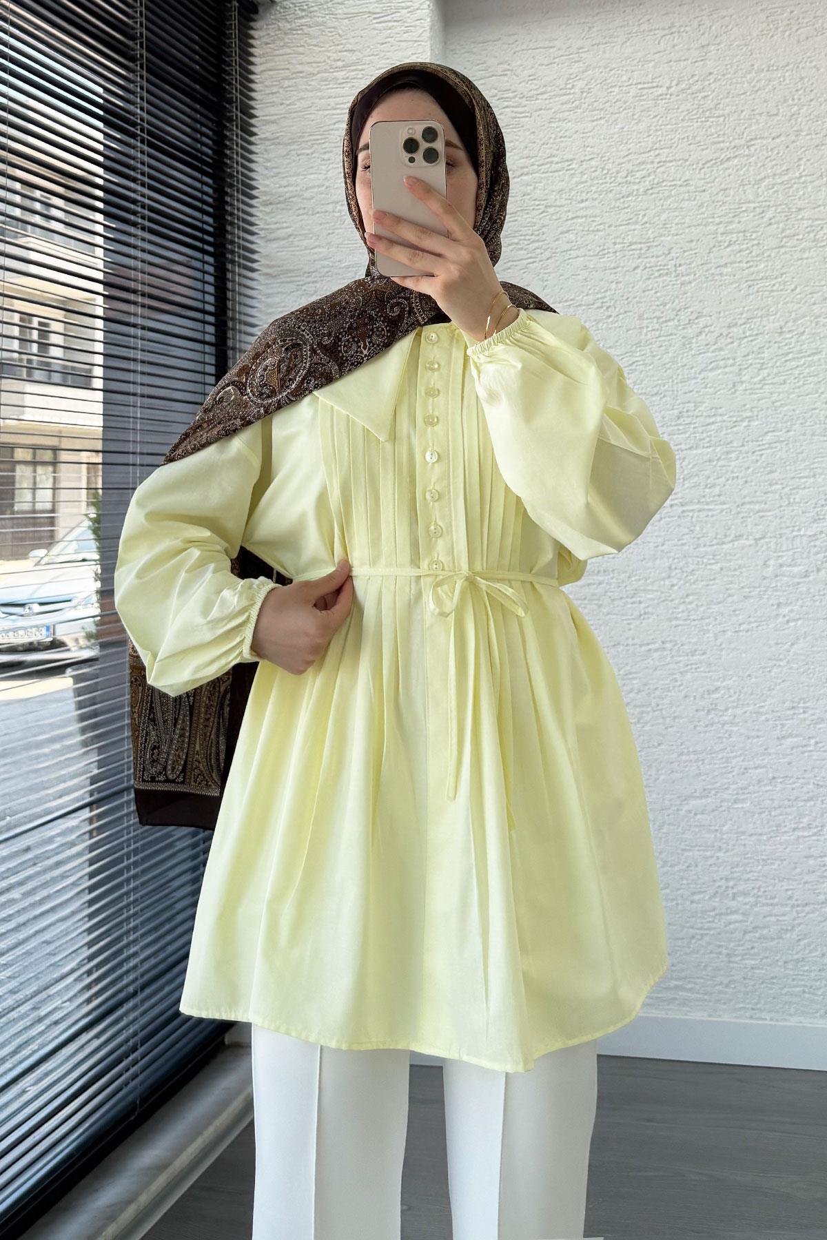 Bebe Yaka Nervür Detaylı Kemerli Poplin Tunik - Sarı