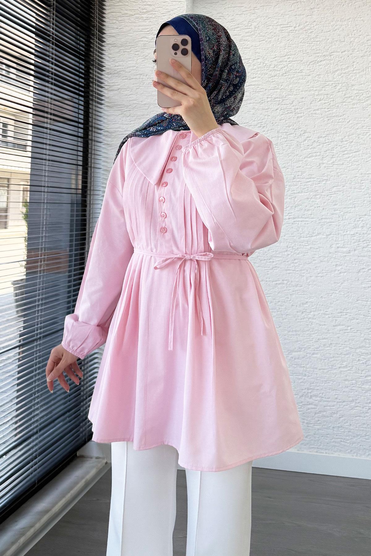 Bebe Yaka Nervür Detaylı Kemerli Poplin Tunik - Pembe