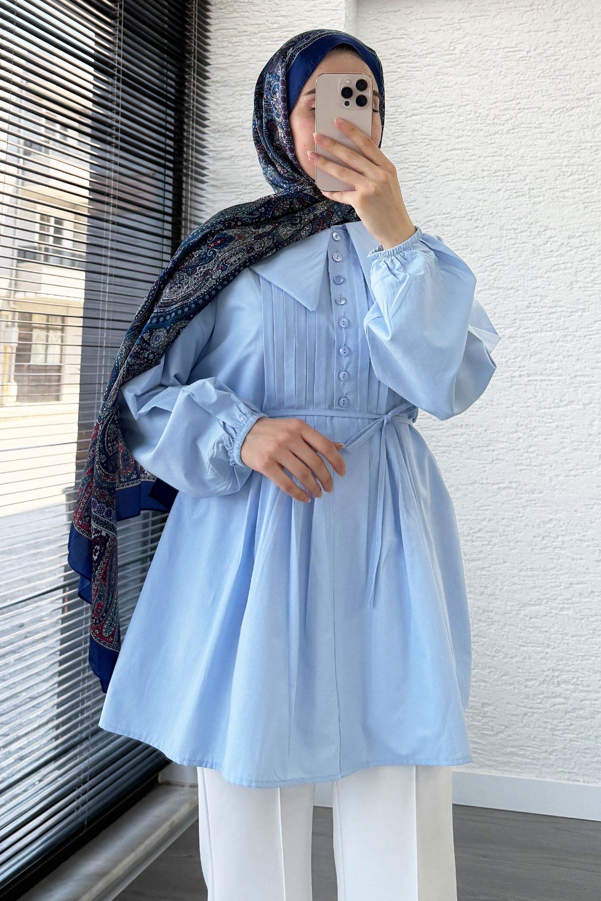 Bebe Yaka Nervür Detaylı Kemerli Poplin Tunik - Mavi