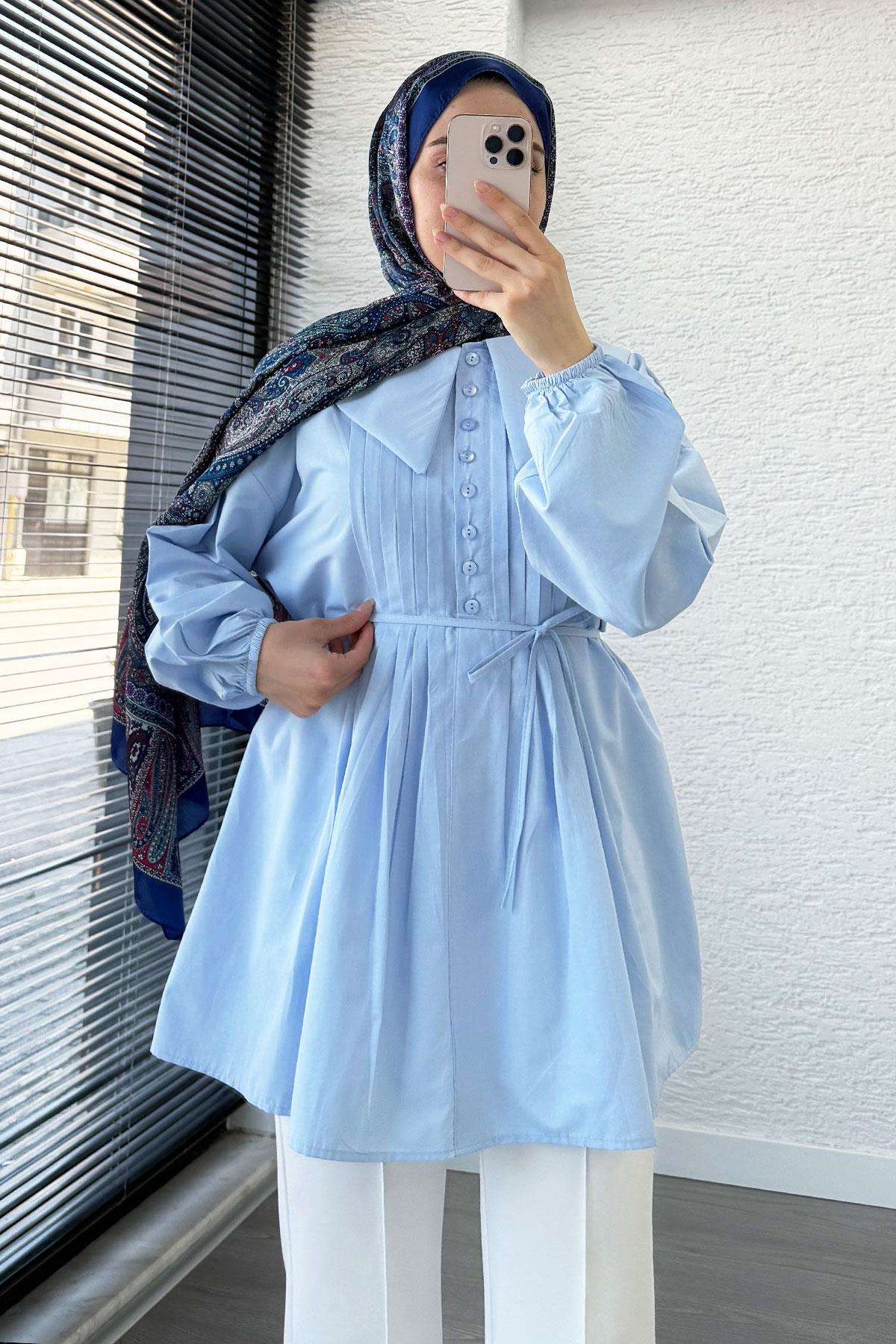 Bebe Yaka Nervür Detaylı Kemerli Poplin Tunik - Mavi