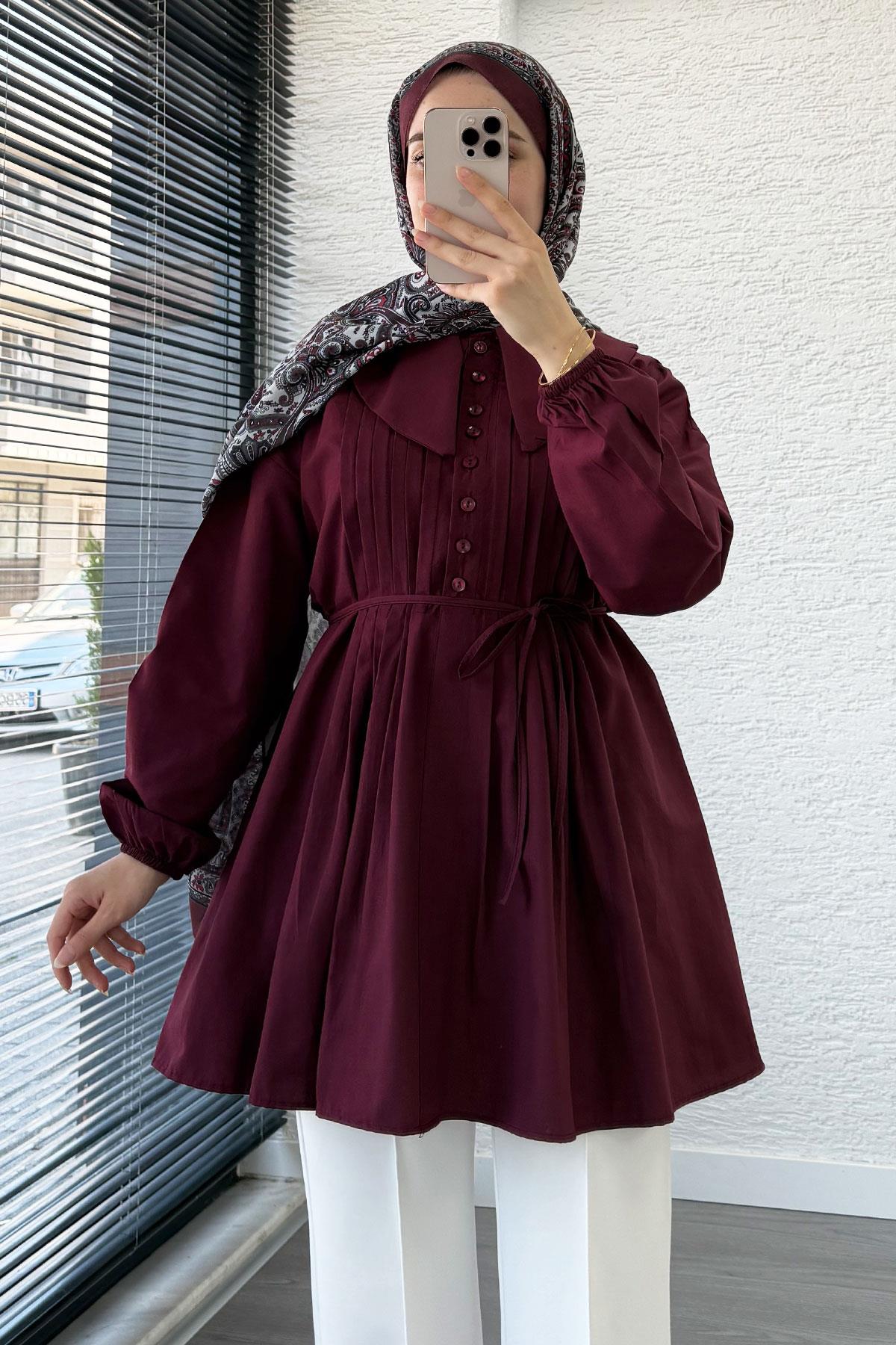 Bebe Yaka Nervür Detaylı Kemerli Poplin Tunik - Bordo