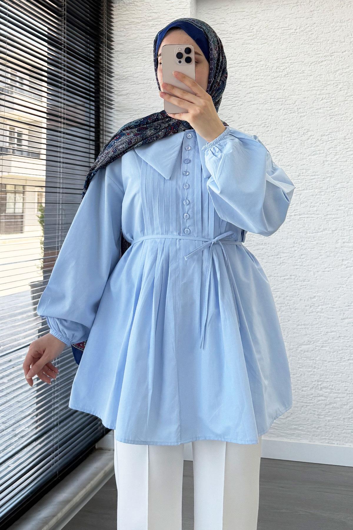 Bebe Yaka Nervür Detaylı Kemerli Poplin Tunik - Mavi