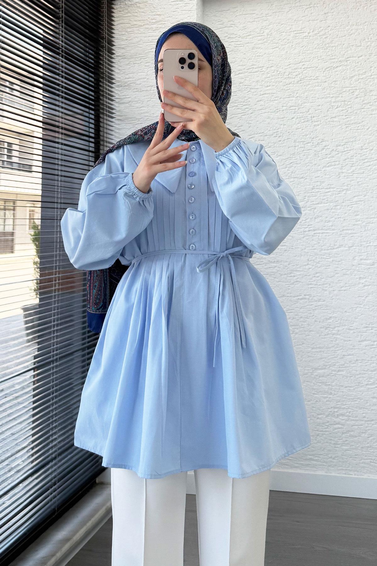 Bebe Yaka Nervür Detaylı Kemerli Poplin Tunik - Mavi