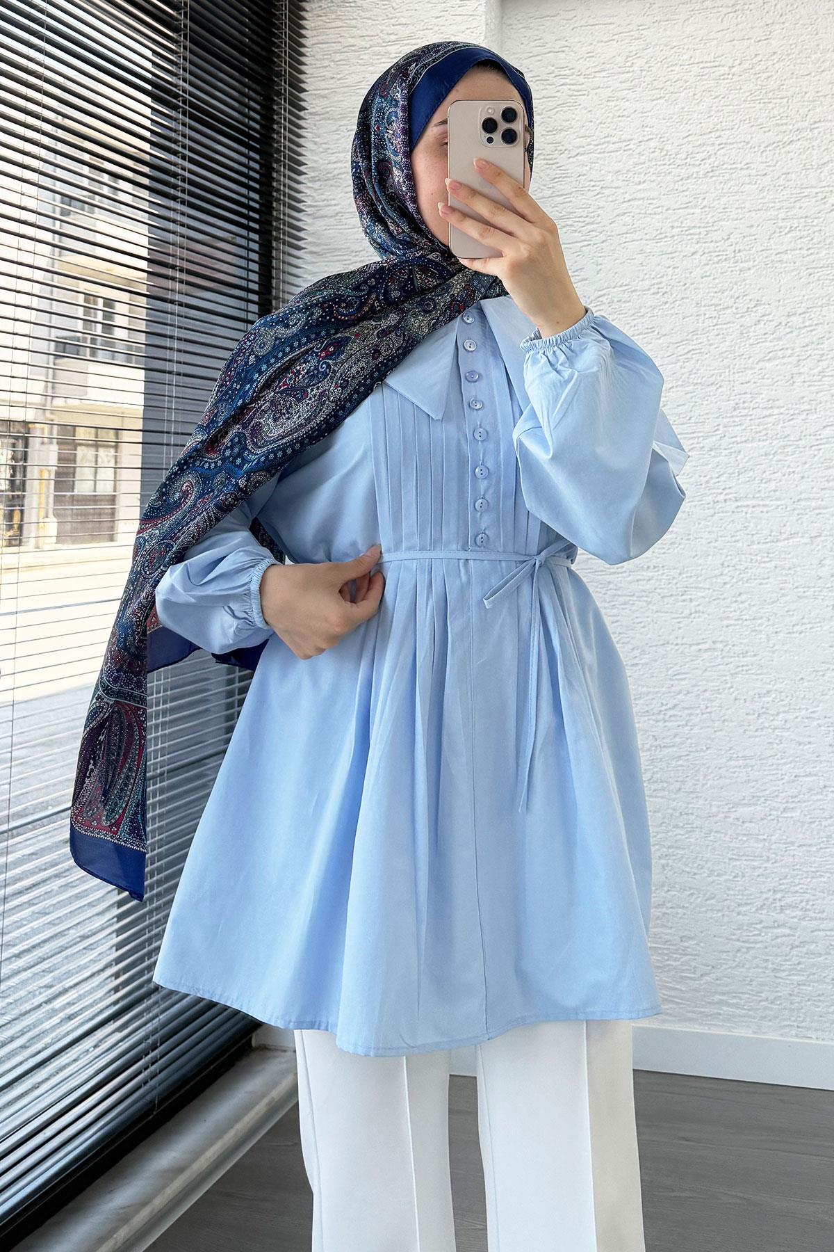 Bebe Yaka Nervür Detaylı Kemerli Poplin Tunik - Mavi