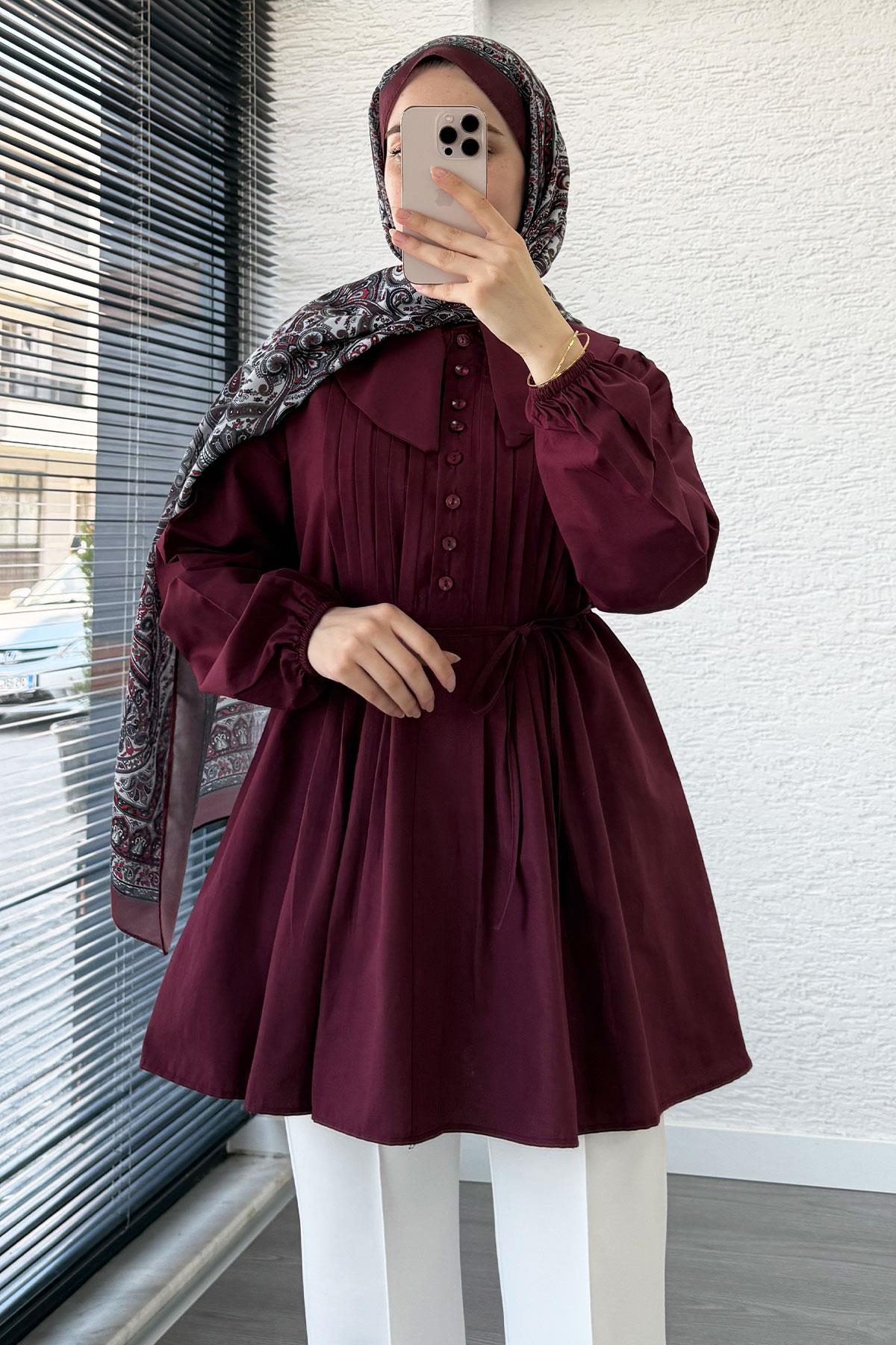 Bebe Yaka Nervür Detaylı Kemerli Poplin Tunik - Bordo