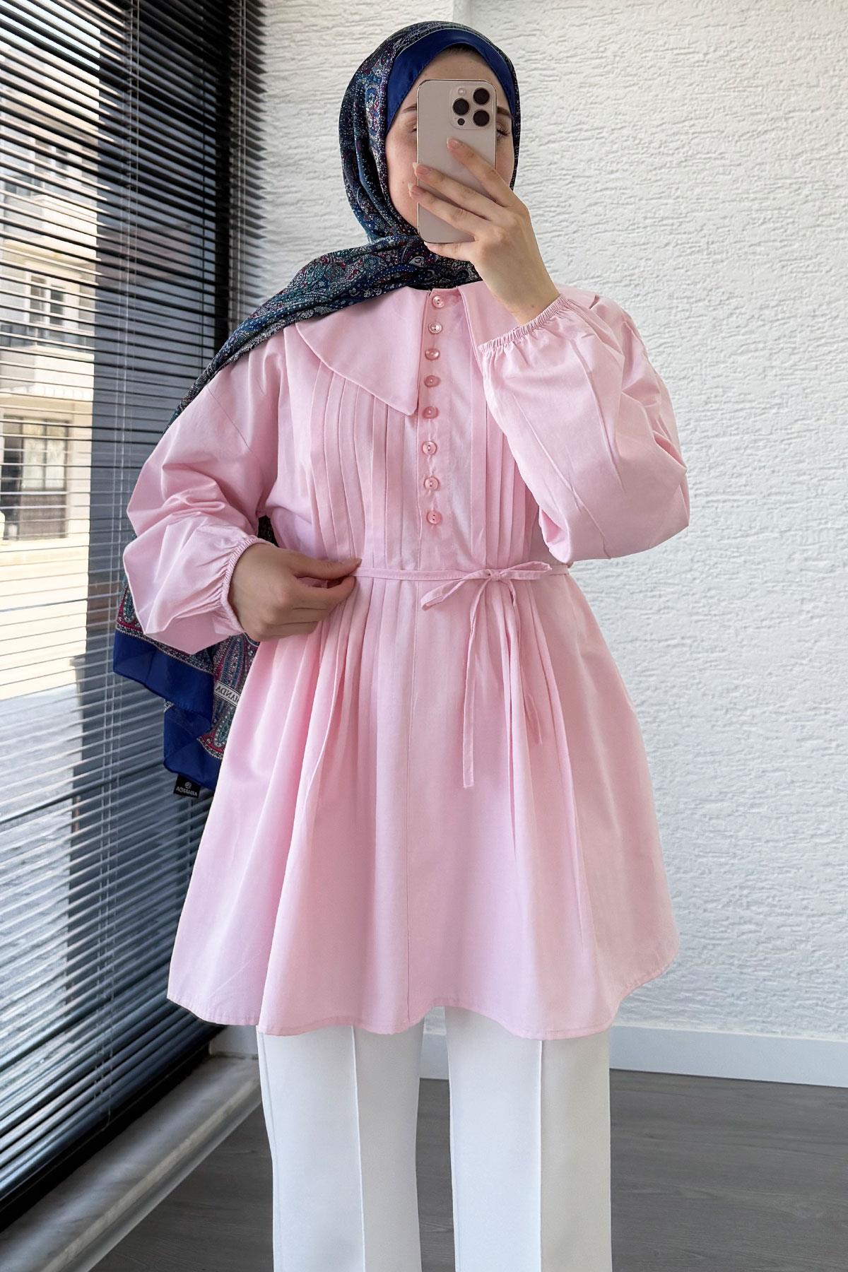 Bebe Yaka Nervür Detaylı Kemerli Poplin Tunik - Pembe