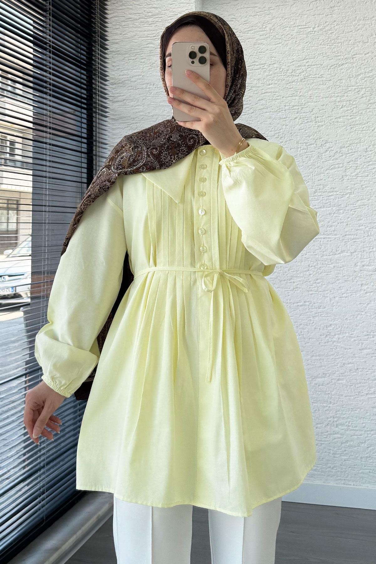 Bebe Yaka Nervür Detaylı Kemerli Poplin Tunik - Sarı