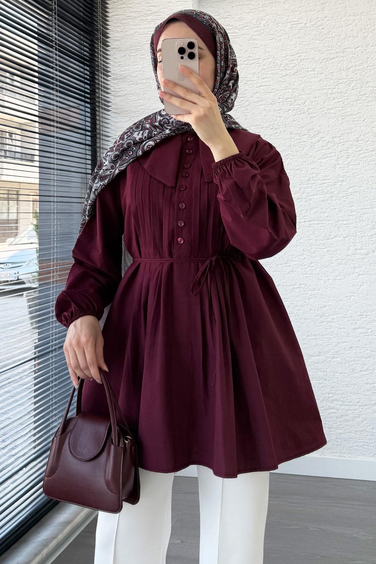 Bebe Yaka Nervür Detaylı Kemerli Poplin Tunik - Bordo
