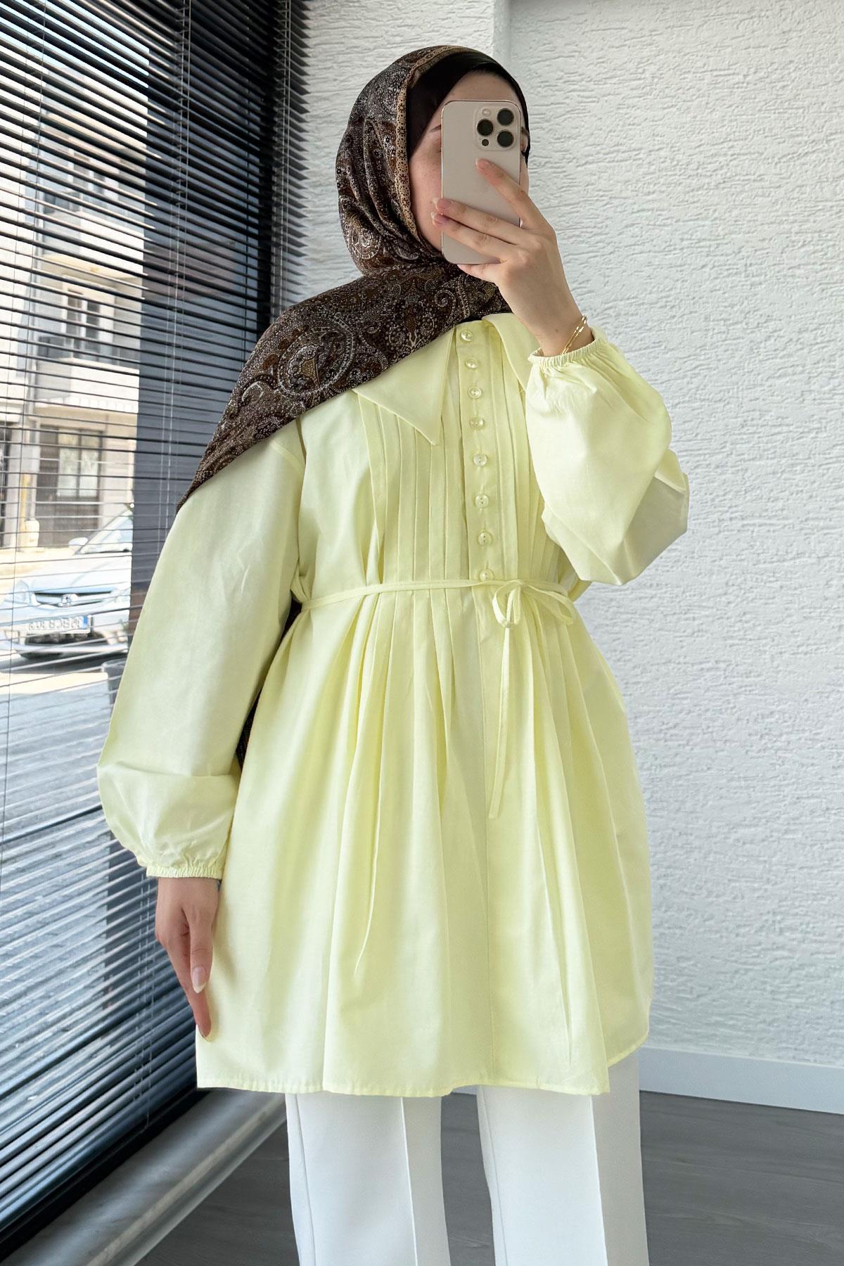 Bebe Yaka Nervür Detaylı Kemerli Poplin Tunik - Sarı