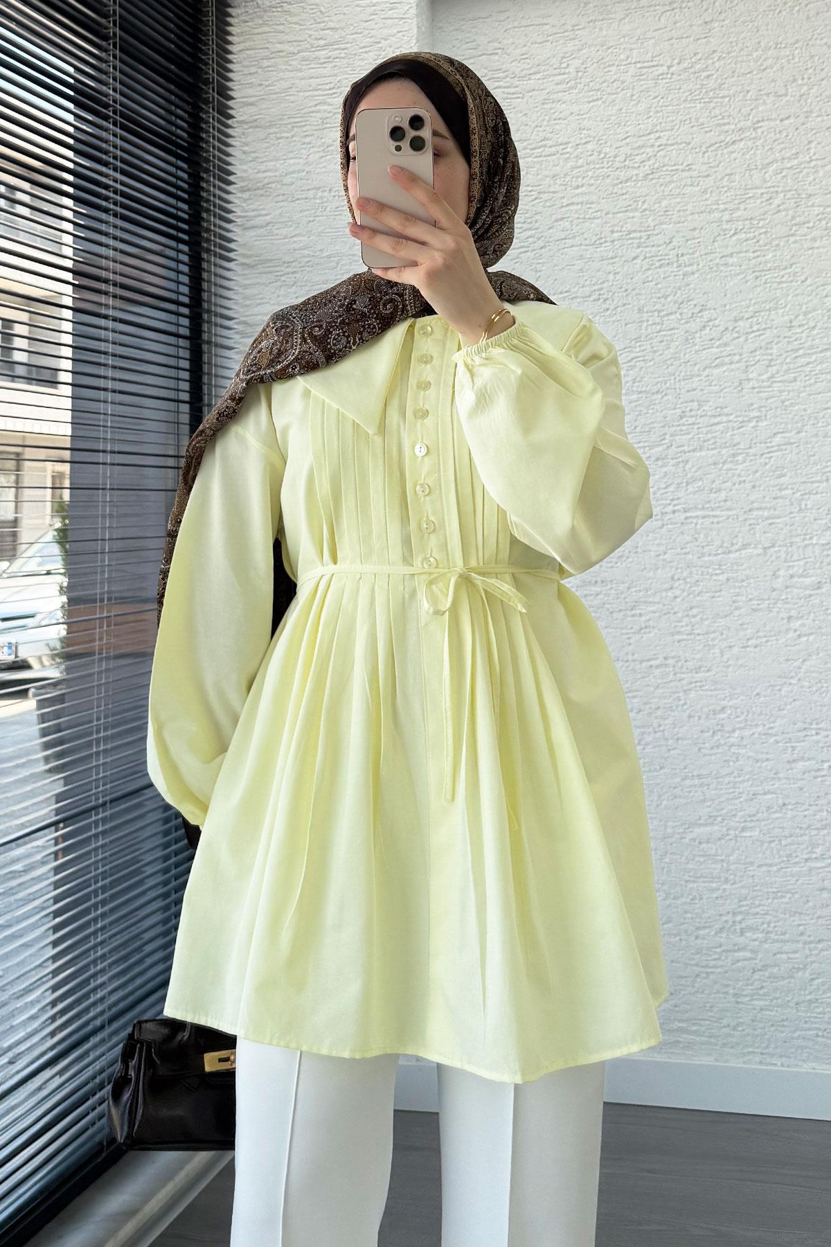 Bebe Yaka Nervür Detaylı Kemerli Poplin Tunik - Sarı