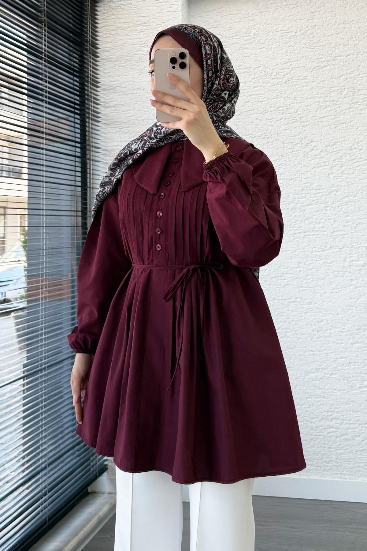 Bebe Yaka Nervür Detaylı Kemerli Poplin Tunik - Bordo