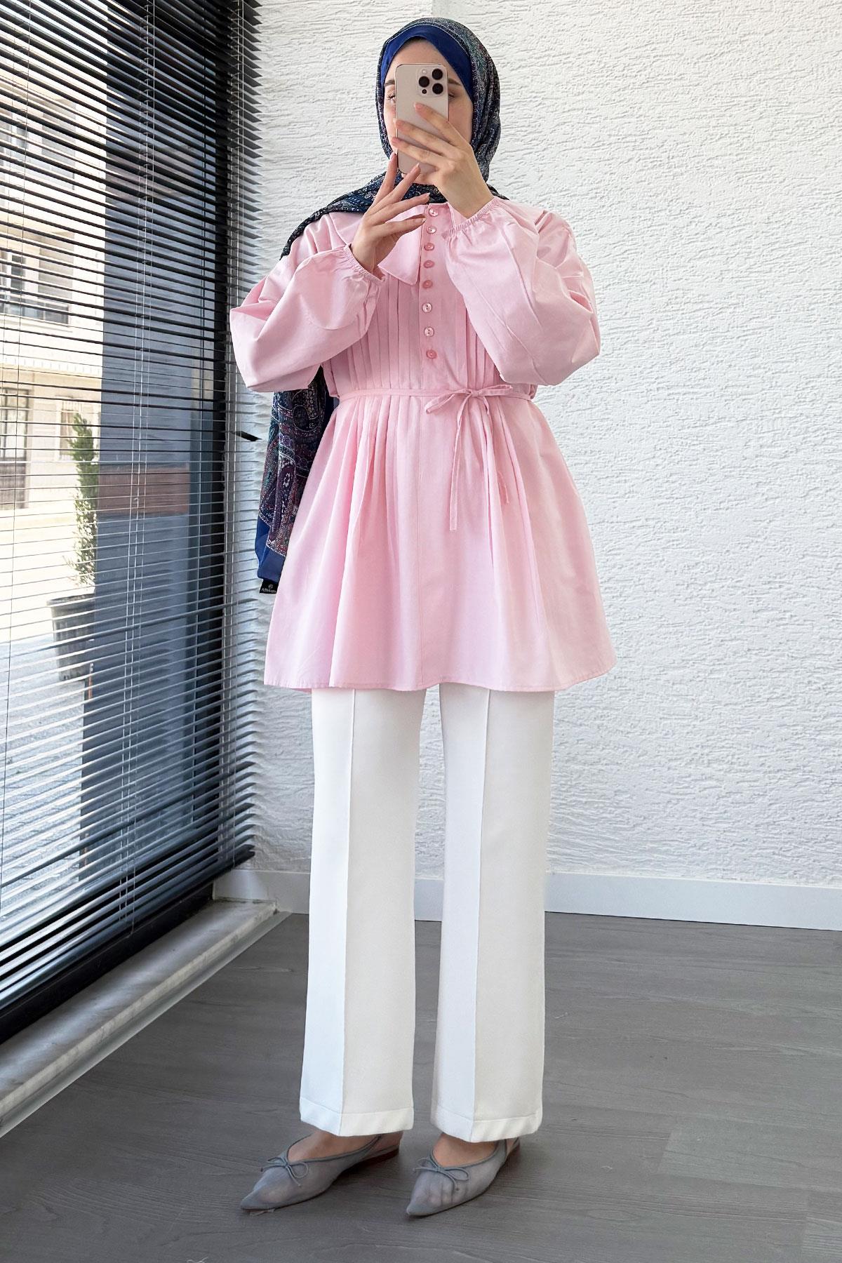 Bebe Yaka Nervür Detaylı Kemerli Poplin Tunik - Pembe