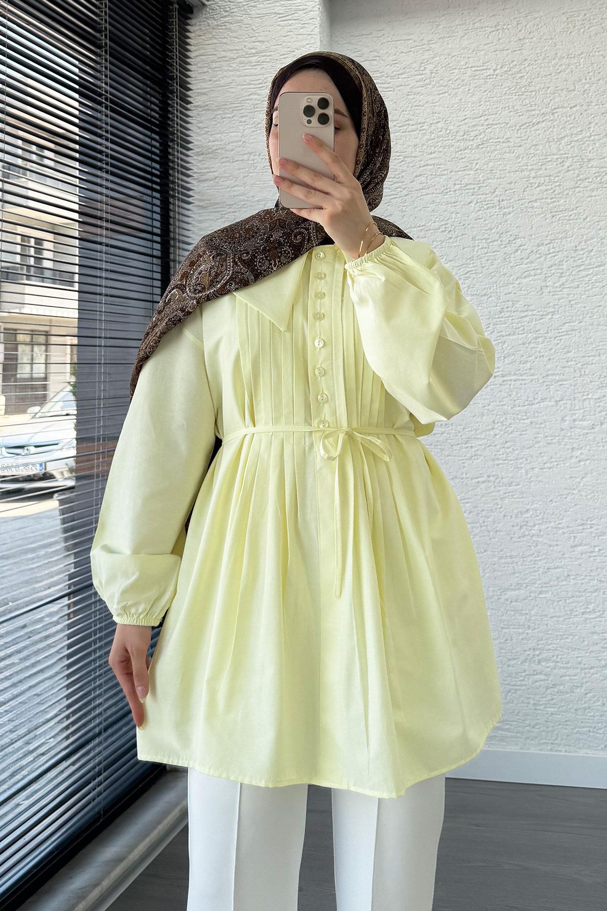 Bebe Yaka Nervür Detaylı Kemerli Poplin Tunik - Sarı