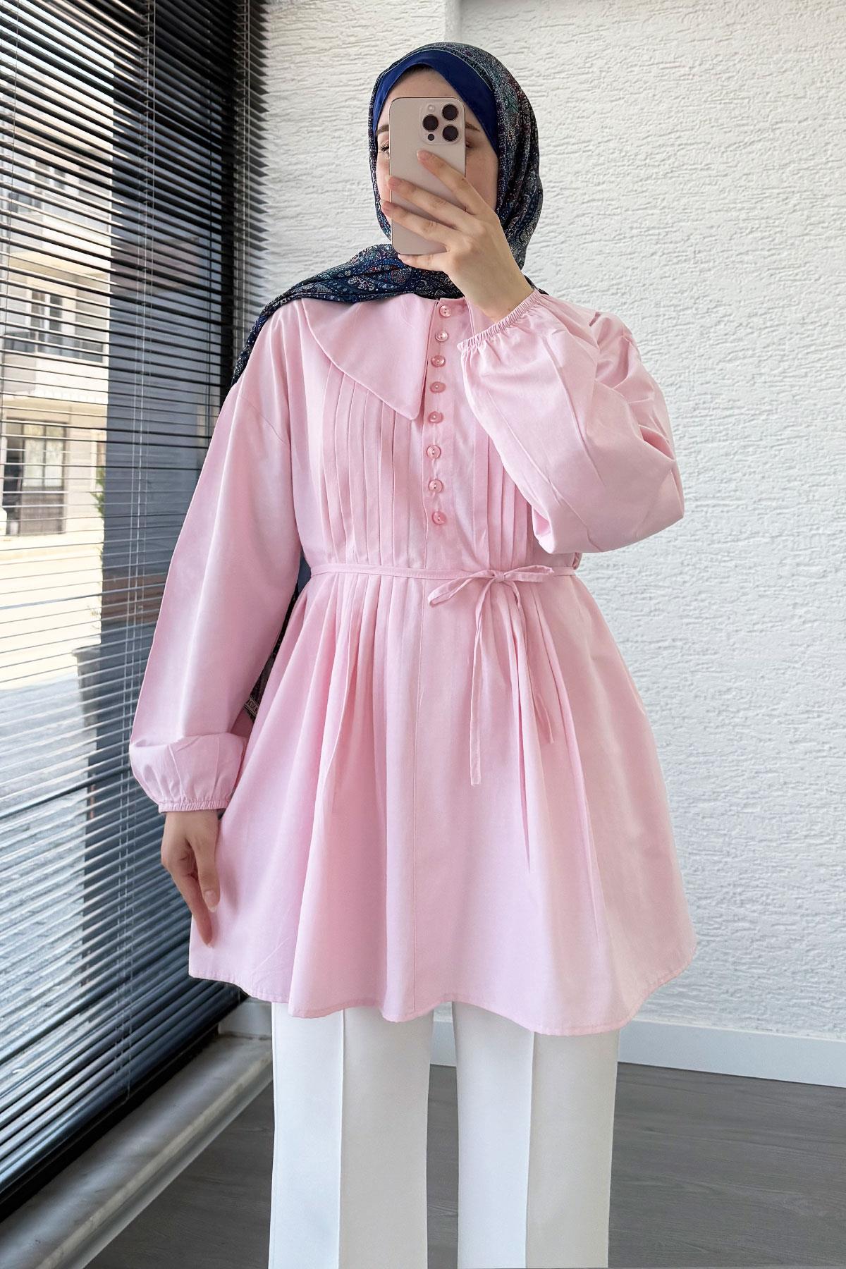 Bebe Yaka Nervür Detaylı Kemerli Poplin Tunik - Pembe