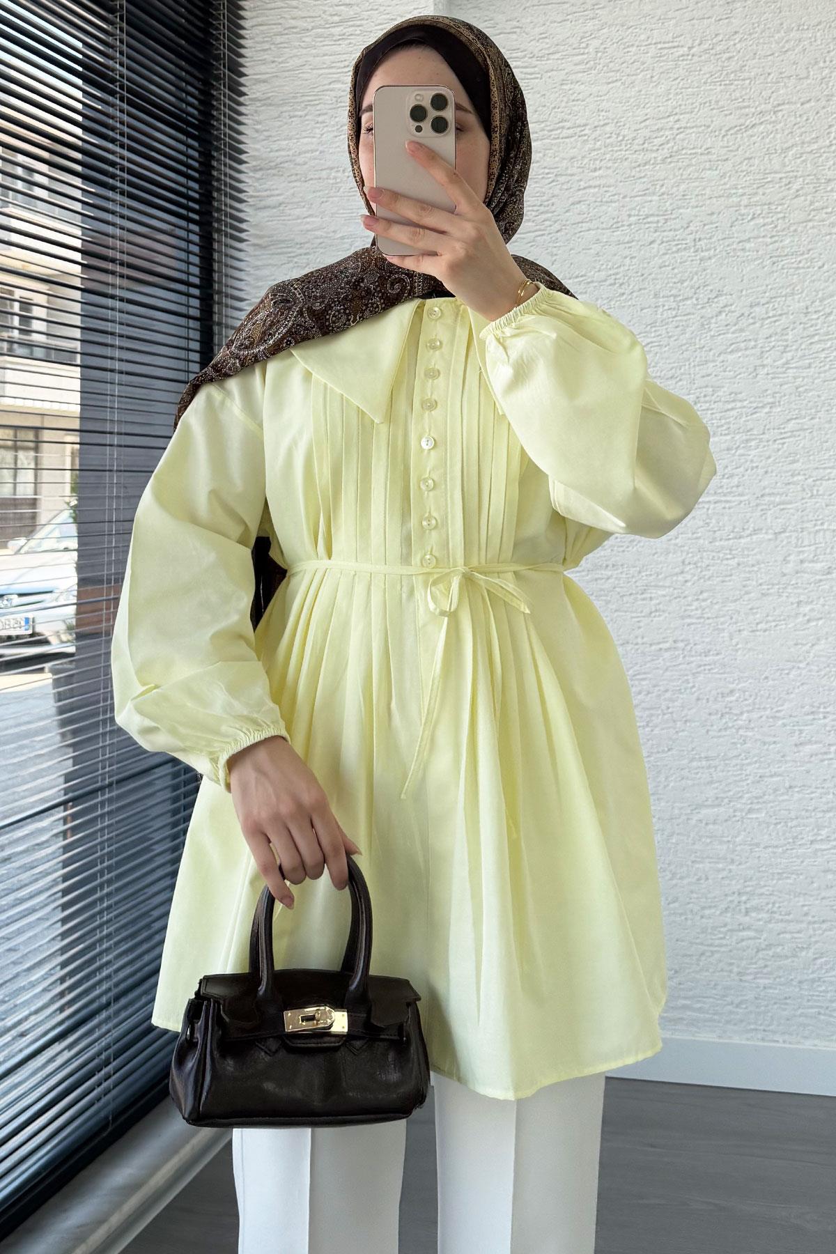 Bebe Yaka Nervür Detaylı Kemerli Poplin Tunik - Sarı