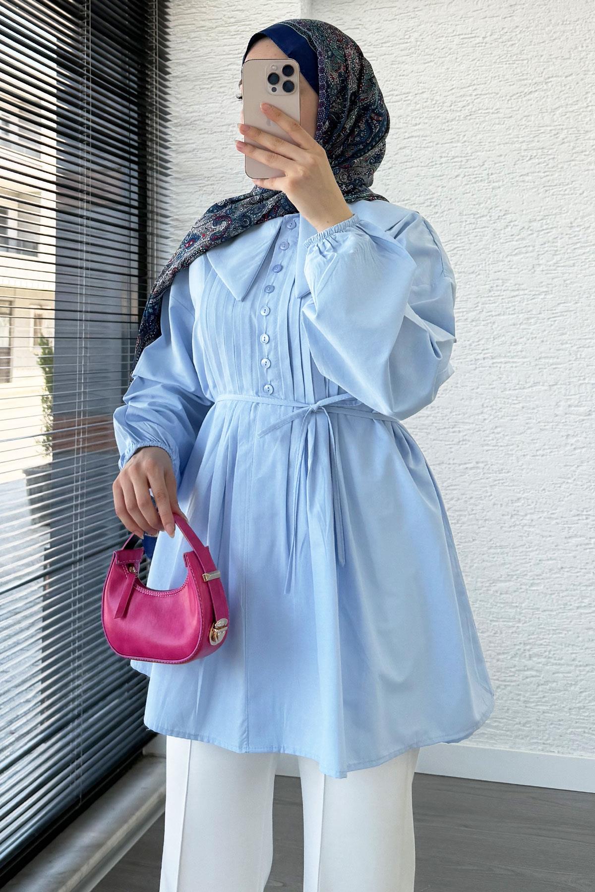 Bebe Yaka Nervür Detaylı Kemerli Poplin Tunik - Mavi