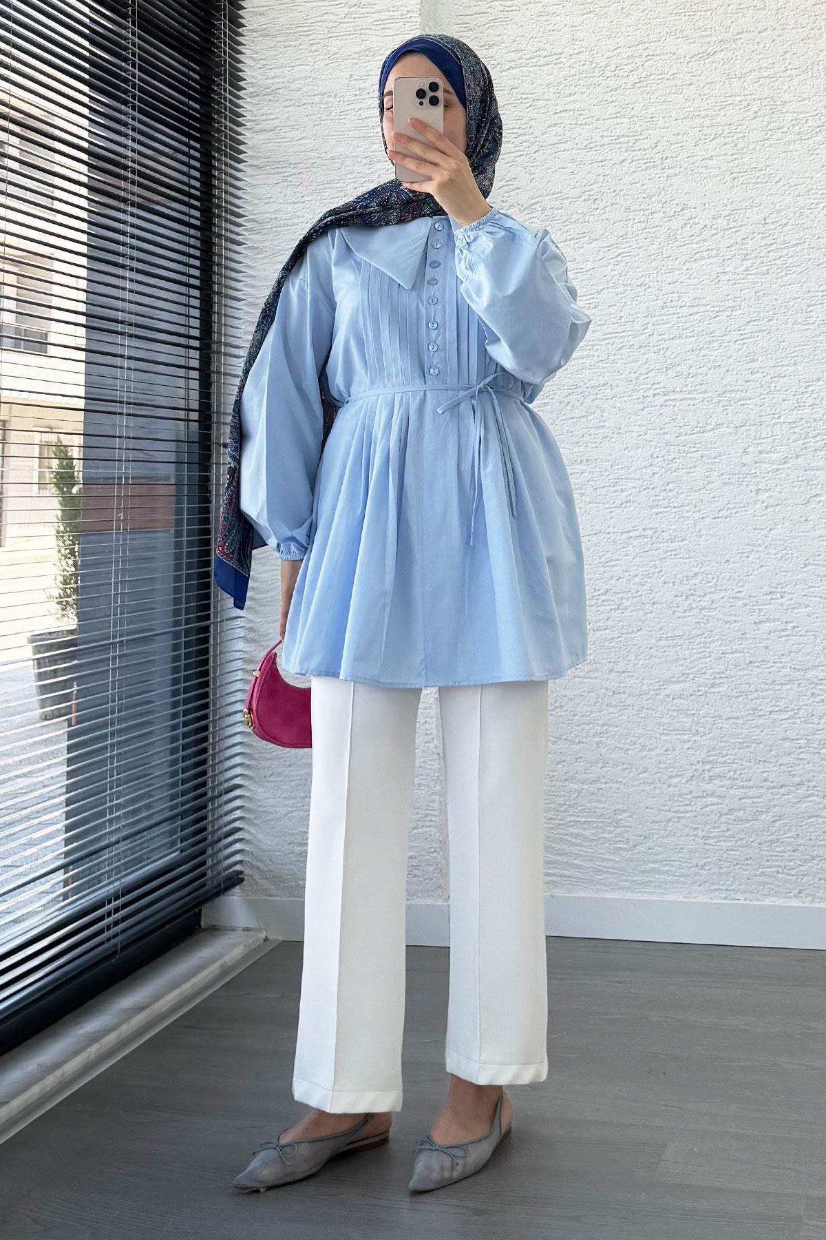 Bebe Yaka Nervür Detaylı Kemerli Poplin Tunik - Mavi