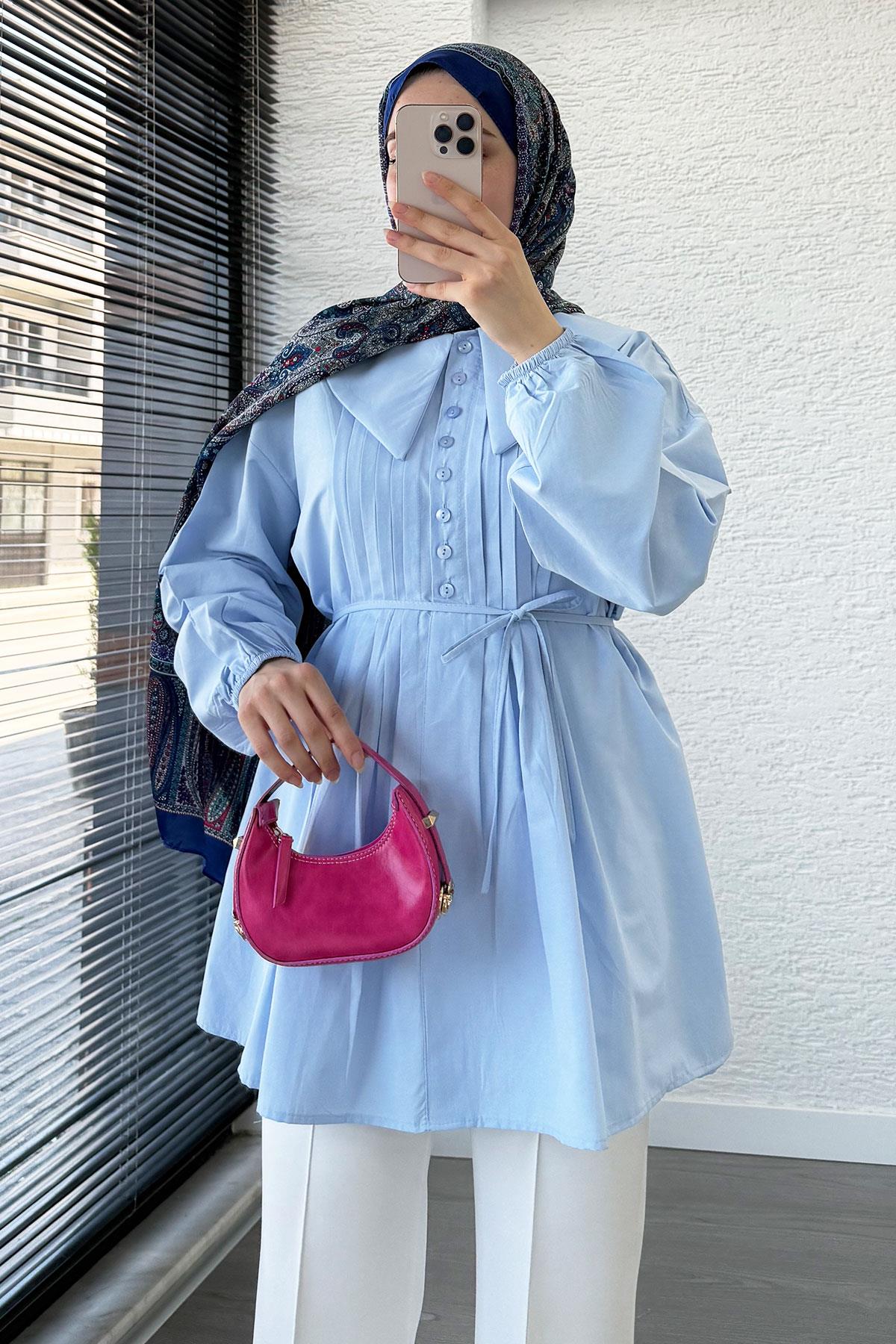 Bebe Yaka Nervür Detaylı Kemerli Poplin Tunik - Mavi
