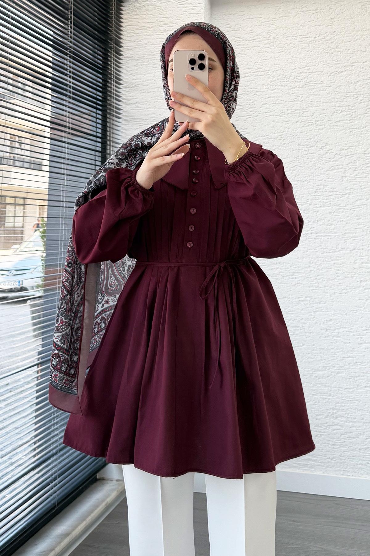 Bebe Yaka Nervür Detaylı Kemerli Poplin Tunik - Bordo